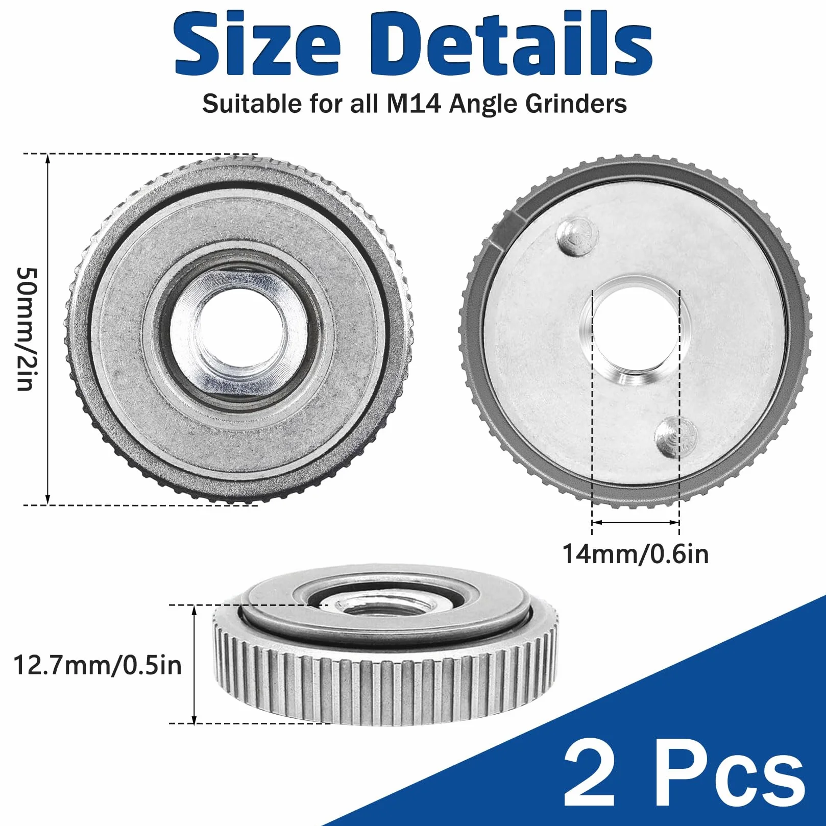 Herbst Lot de 2 écrous de serrage rapide M14, Écrou de serrage rapide pour toutes les meuleuses d'angle, Écrou de serrage argent pour changement de disque abrasif sans outil