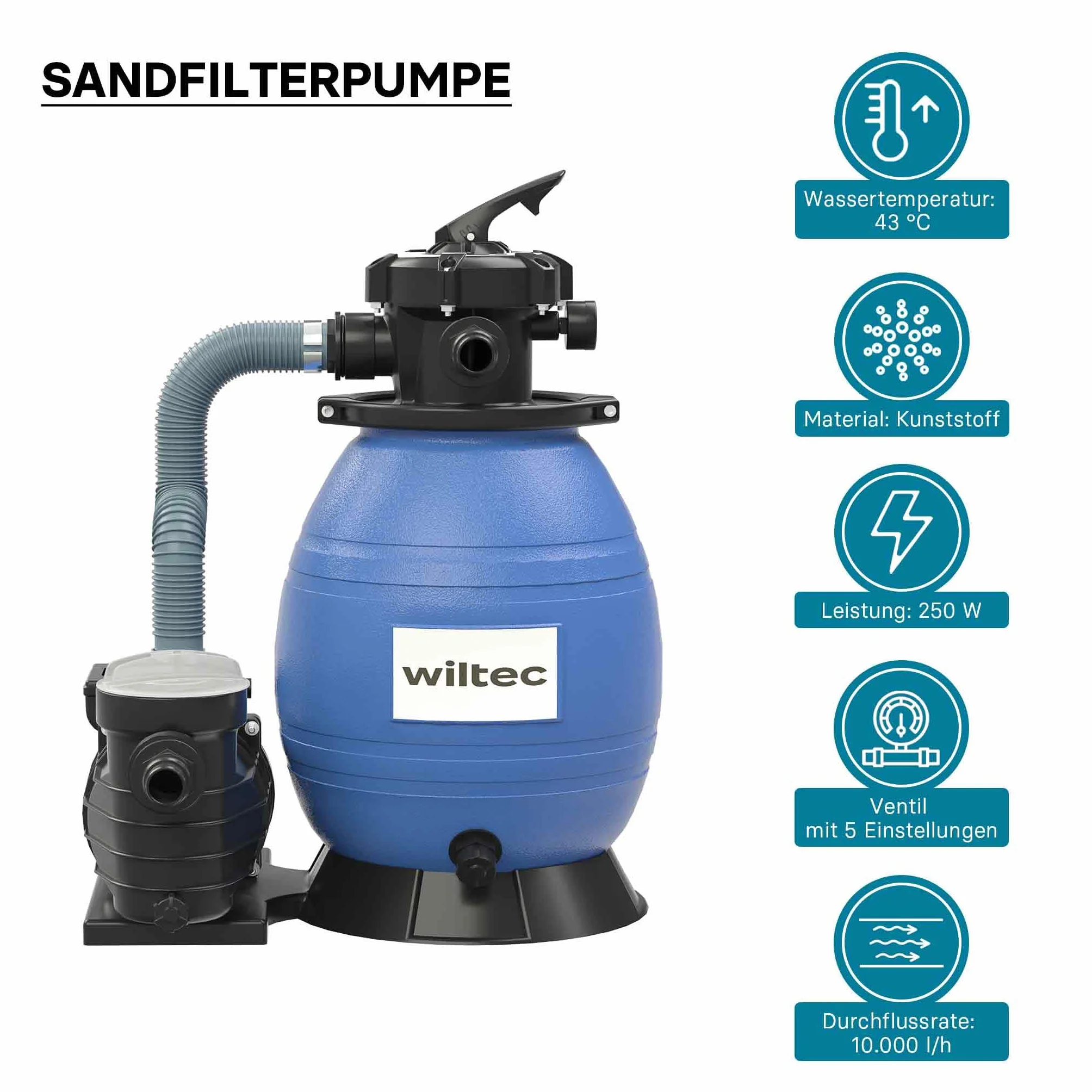 XPOtool Filtre à sable et particules 250 W 26 l 10 000 l/h Vanne 5 positions Pompe de filtrage auto-amorçante Cuve de filtration Piscine hors-sol