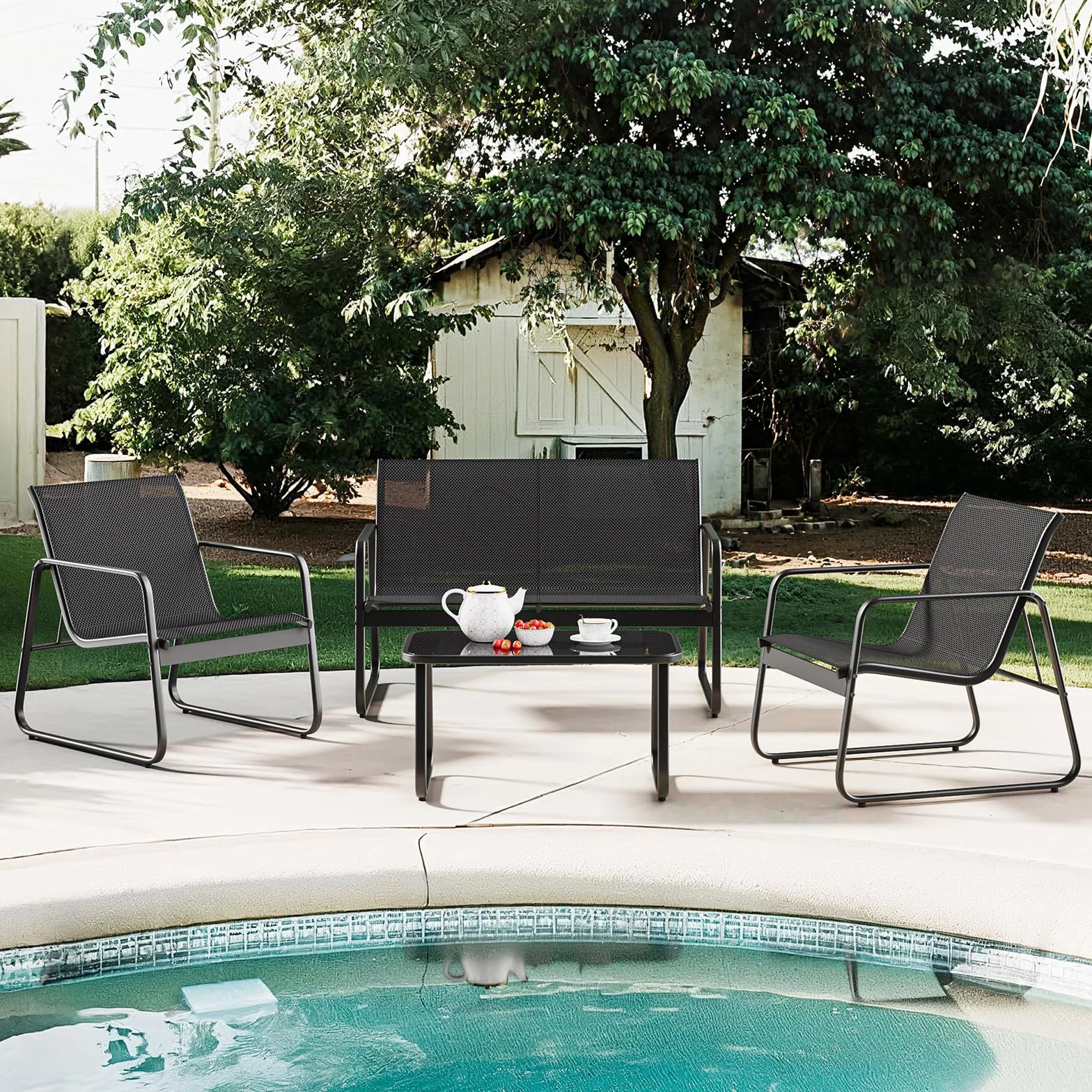 Bealife Ensemble de Meubles de Jardin 4 Pièces Salon de Jardin Métal Textilène 3 Fauteuils Table Verre Noir