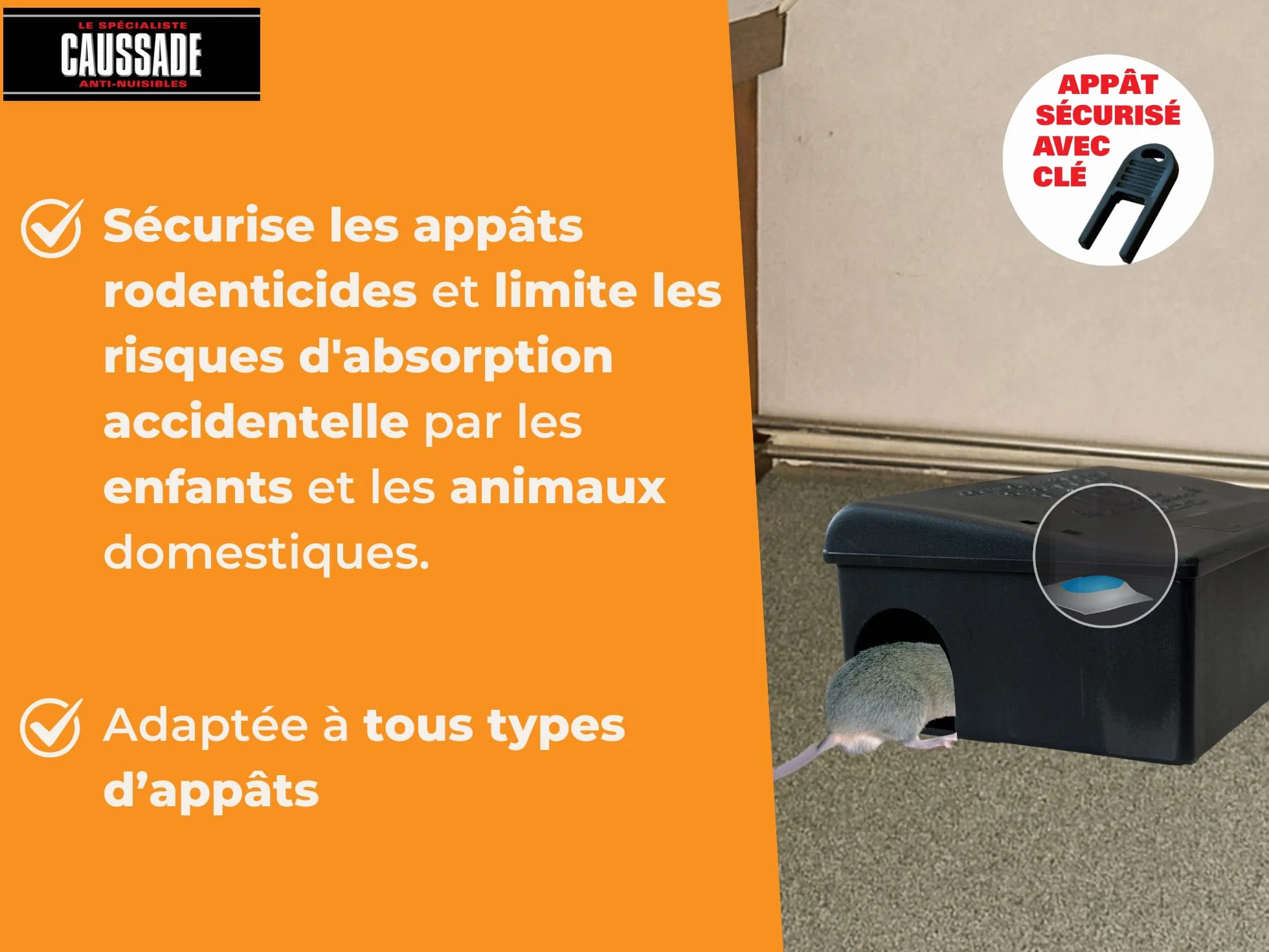 CAUSSADE Boite Appât Rats & Souris Sécurisée avec Clé de Fermeture Réutilisable 3 Mangeoires