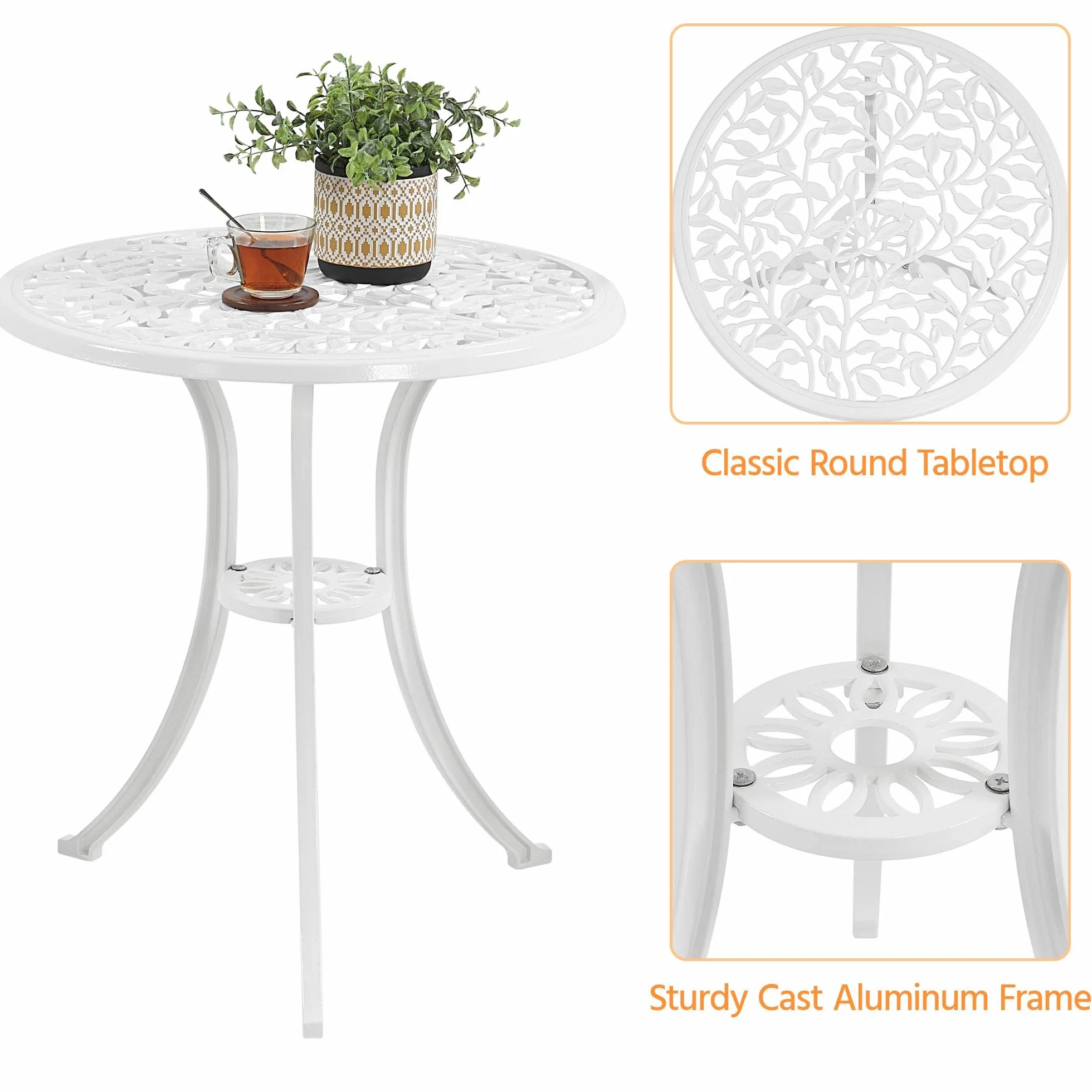 Yaheetech Ensemble de Bistrot en Métal 3 Pièces Design Vintage Feuillage Table et 2 Chaises Blanc
