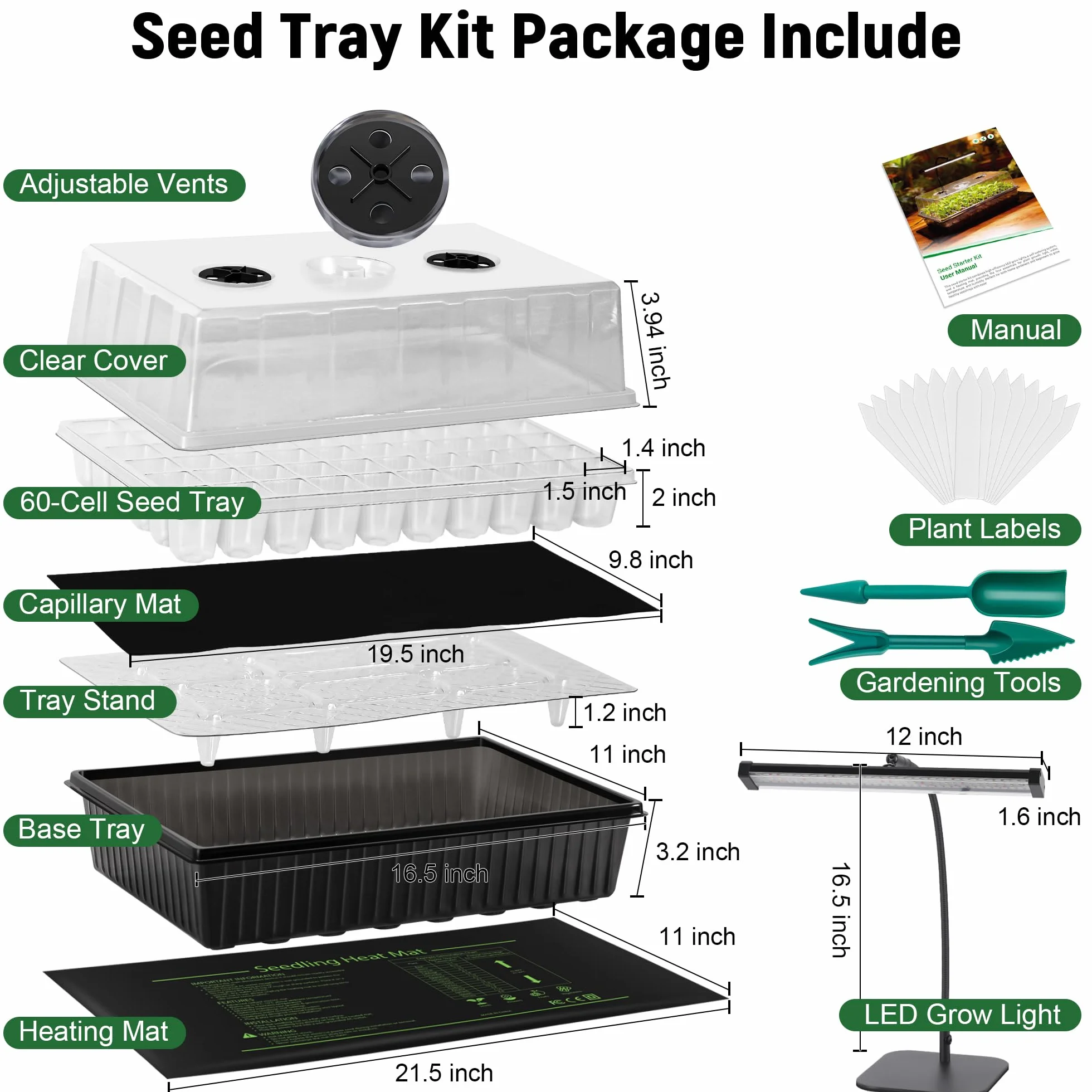 Kit de démarrage de semences à auto-arrosage 60 cellules avec lumière de croissance et tapis chauffant