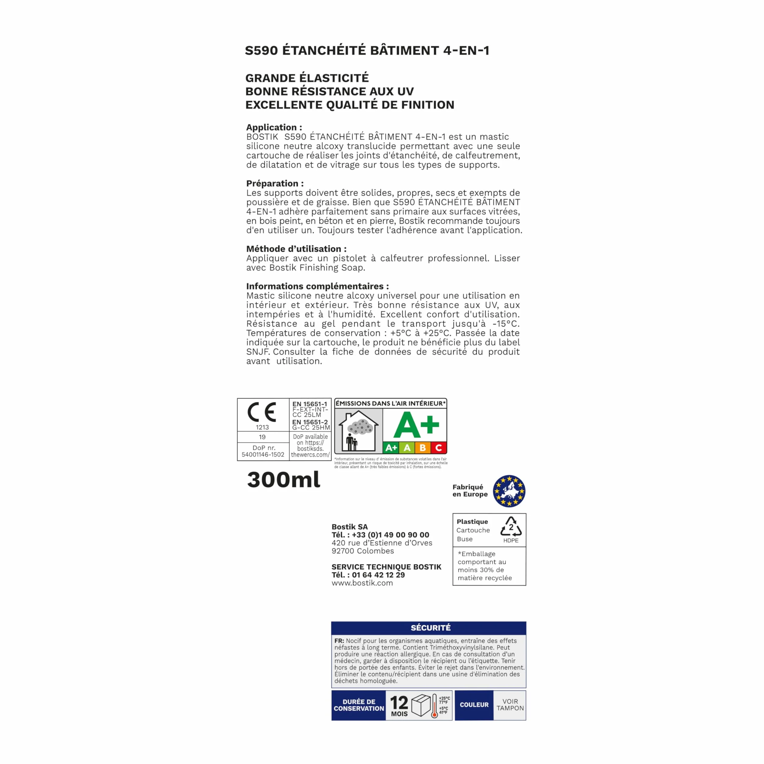 Bostik S590 – Mastic d'Étanchéité Bâtiment 4 en 1 – Intérieur et Extérieur – Joints De Calfeutrement, Dilatation, Façade Et Vitrage – Couleur : Translucide – Cartouche 300 ml