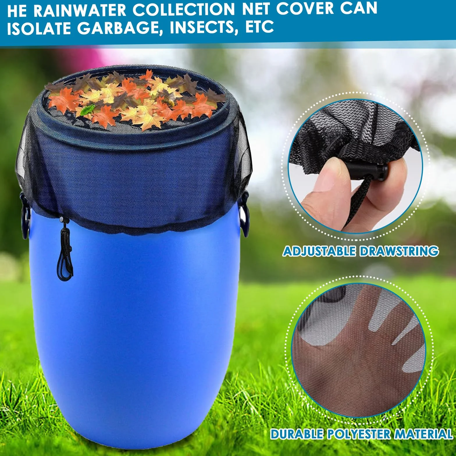 Filet pour Citerne de Pluie 80 cm, Housse avec Cordon de Serrage, Protection Moustiques et Feuilles
