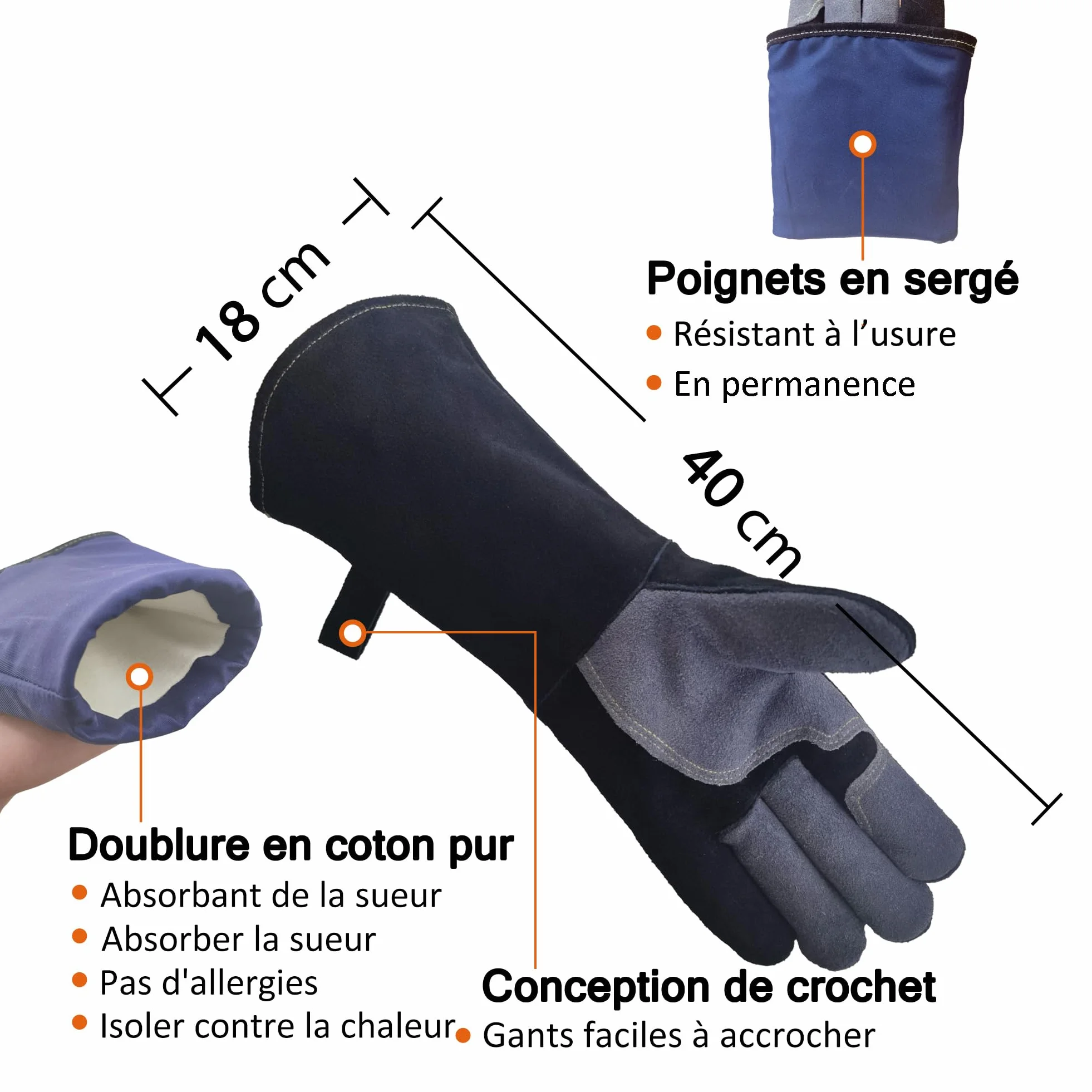 Gants Anti Chaleur de Barbecue En Cuir 40 CM Résistant Au Feu Et à La Chaleur