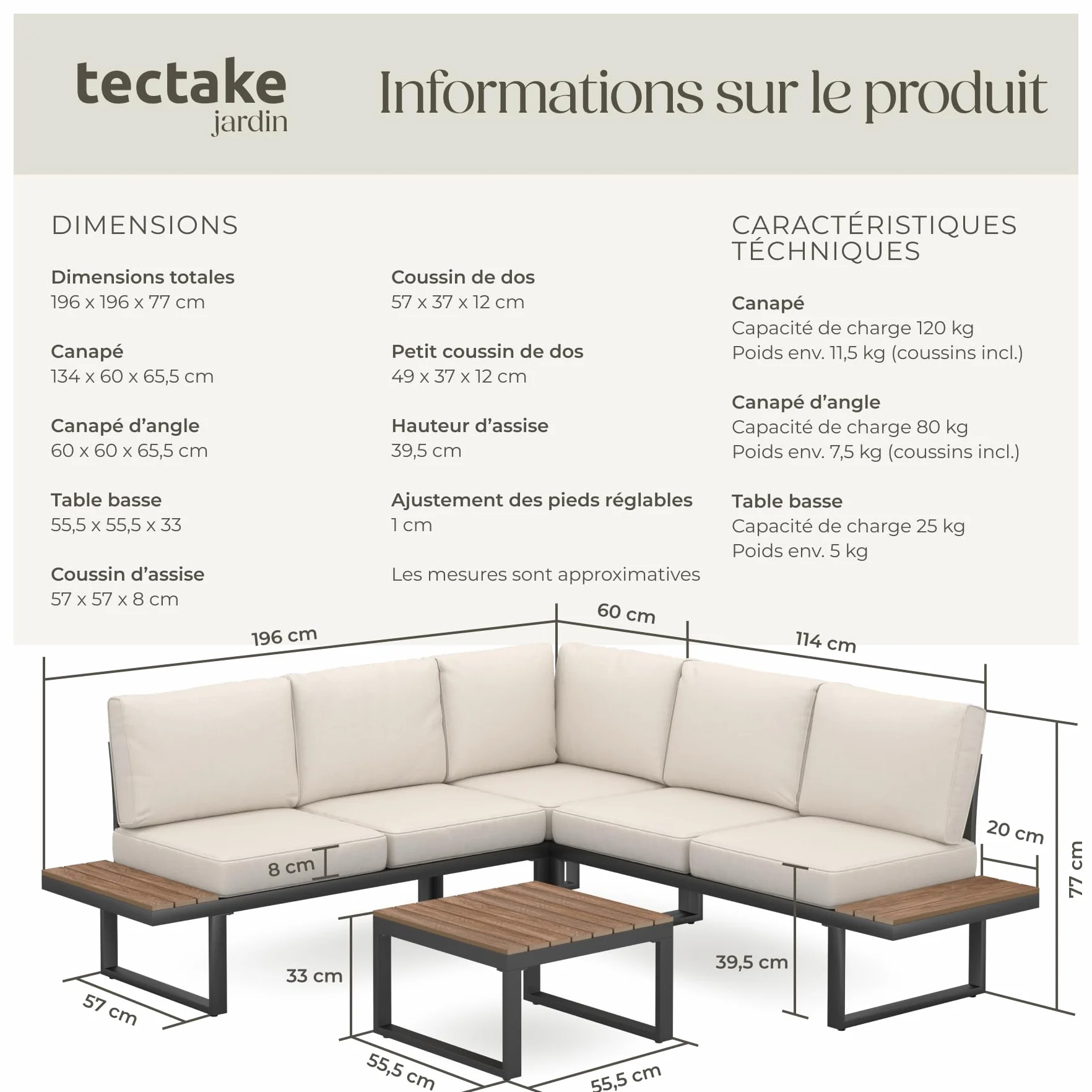 Tectake Ensemble Salon de Jardin Aluminium 5 Places Canapé Table Coussins Inclus