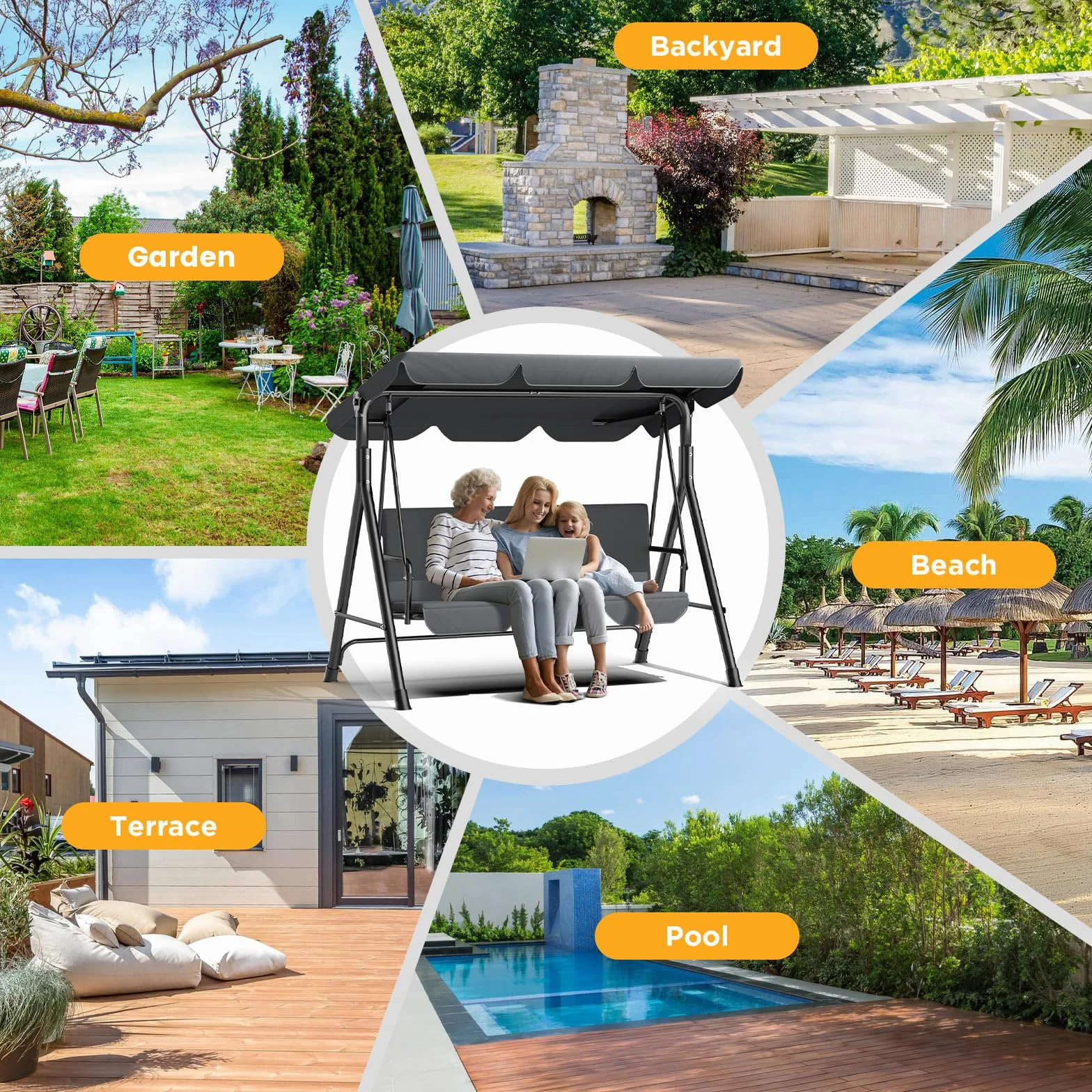 Balancelle 3 Places Toit réglable Jardin Pieds antidérapants Charge 200 kg résistante intempéries Anthracite