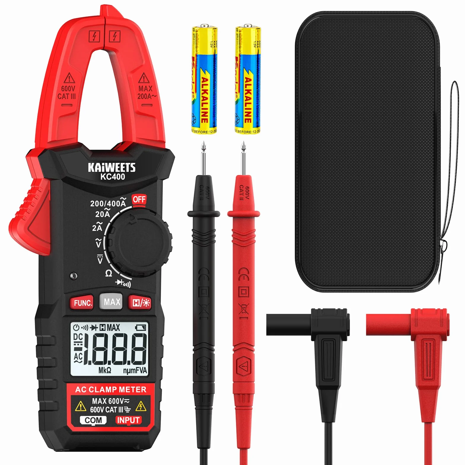 KAIWEETS Pince Ampèremétrique 400A avec NCV, Multimètre Automatique 600V Testeur de Tension AC/DC, 2000 Points, Voltmètre, Amperemetre, Résistance, Continuité & Diode, Compact, KC400