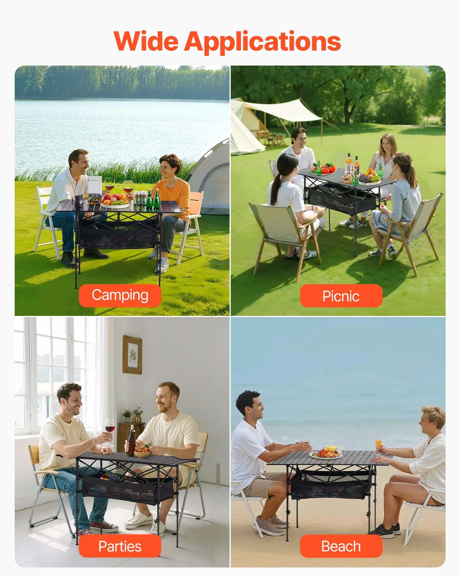 VEVOR Table de Camping Pliante 120x55 cm Aluminium Hauteur Réglable Noir
