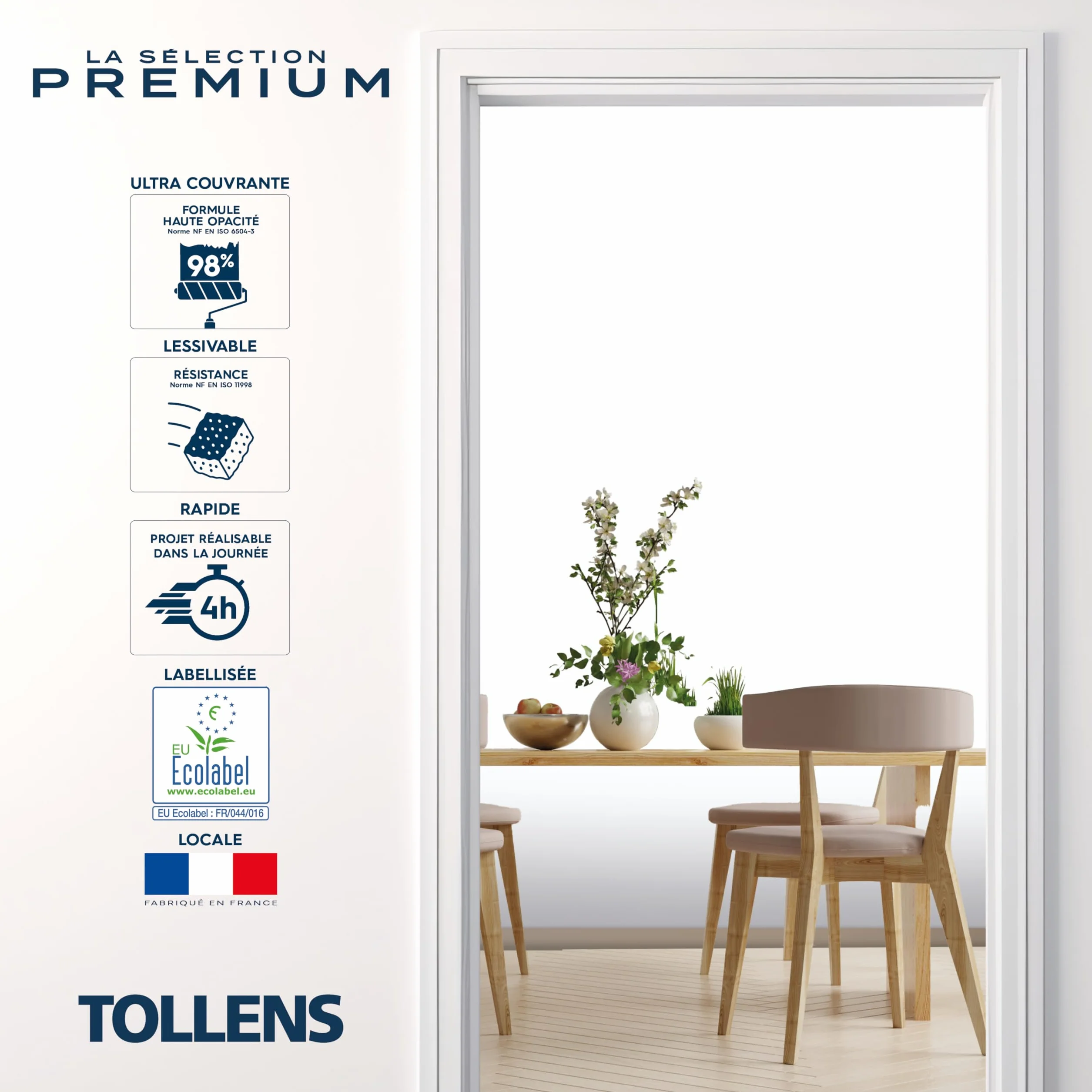 Tollens - Peinture Couleur - Murs, Boiseries & Radiateurs - La Sélection Premium - Pièces sèches et humides - Ultra couvrante - Ultra résistante - Ultra rapide - Ecolabel - Velours - BLANC - 0L5 = 6m²