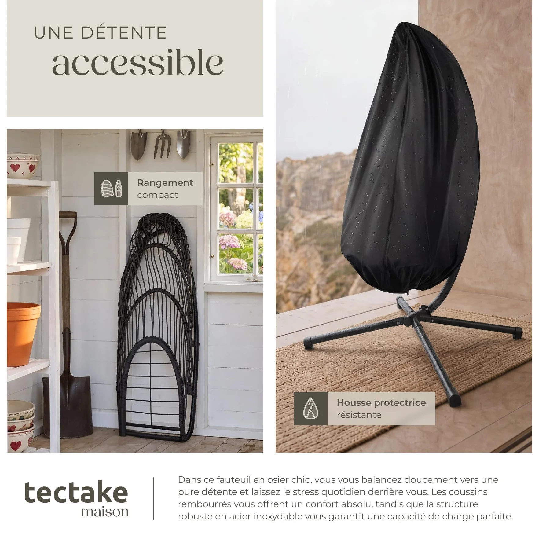 Tectake Fauteuil Oeuf Suspendu Chaise Hamac Balancoire Cocooning avec Structure en Acier et Coussin Épais