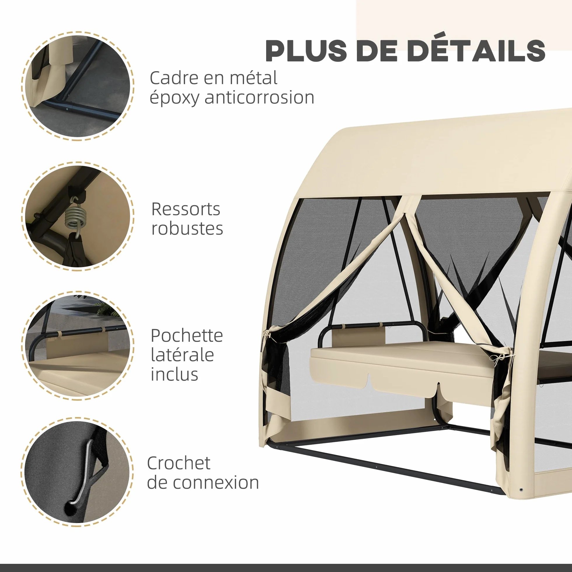 Outsunny Balancelle de Jardin Convertible 3 Places avec Auvent et Coussins, Beige