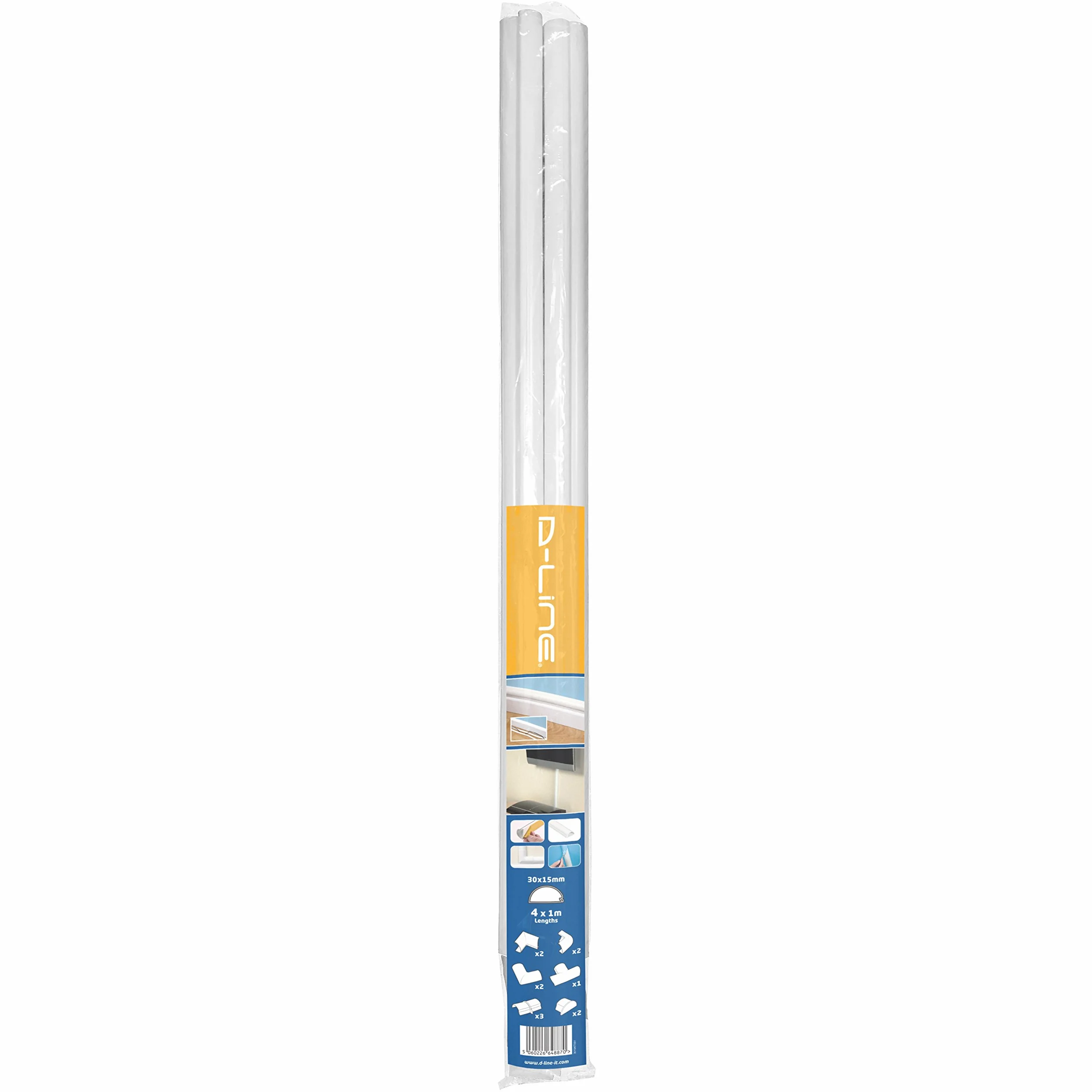 D-Line Goulotte Passe-Câbles 30x15mm, Multipack 4m – Profil Demi-Rond, Cache-Fils Auto-Adhésif, Gestion des Câbles – 4X Longueurs 1 m (30 mm l x 15 mm h) avec Accessoires – Blanc