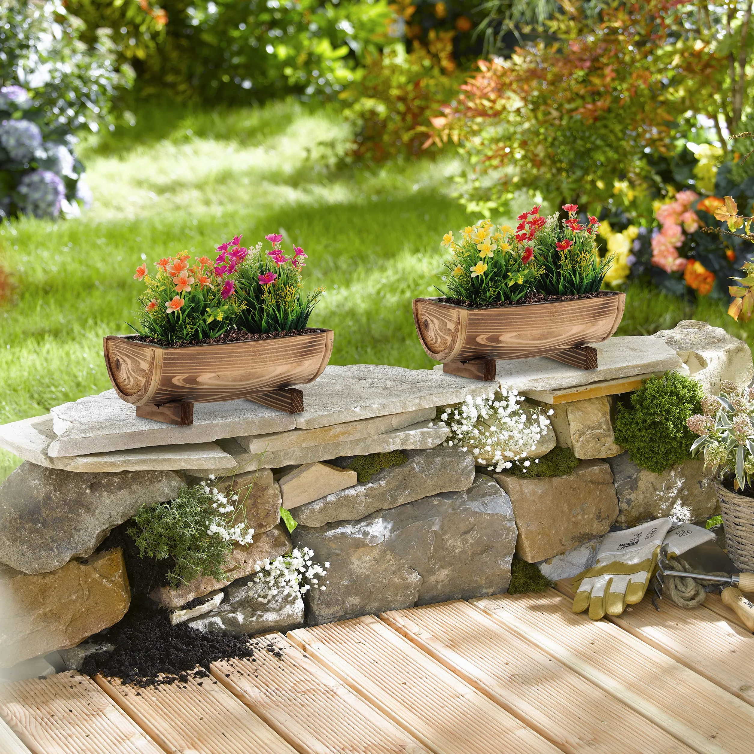 Relaxdays Jardinière Bois Lot de 2, Bac à Fleurs HLP 12,5 x 29,5 x 20 cm, Brun