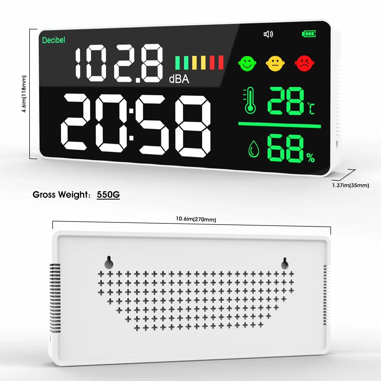 Decibelmetre, Sonomètres Tenture Murale Sonomètre 30~130dB 11 "LCD Professionnel Sonomètre Décibelmètre avec Décibel/Température(℃)/Humidité pour la maison, école