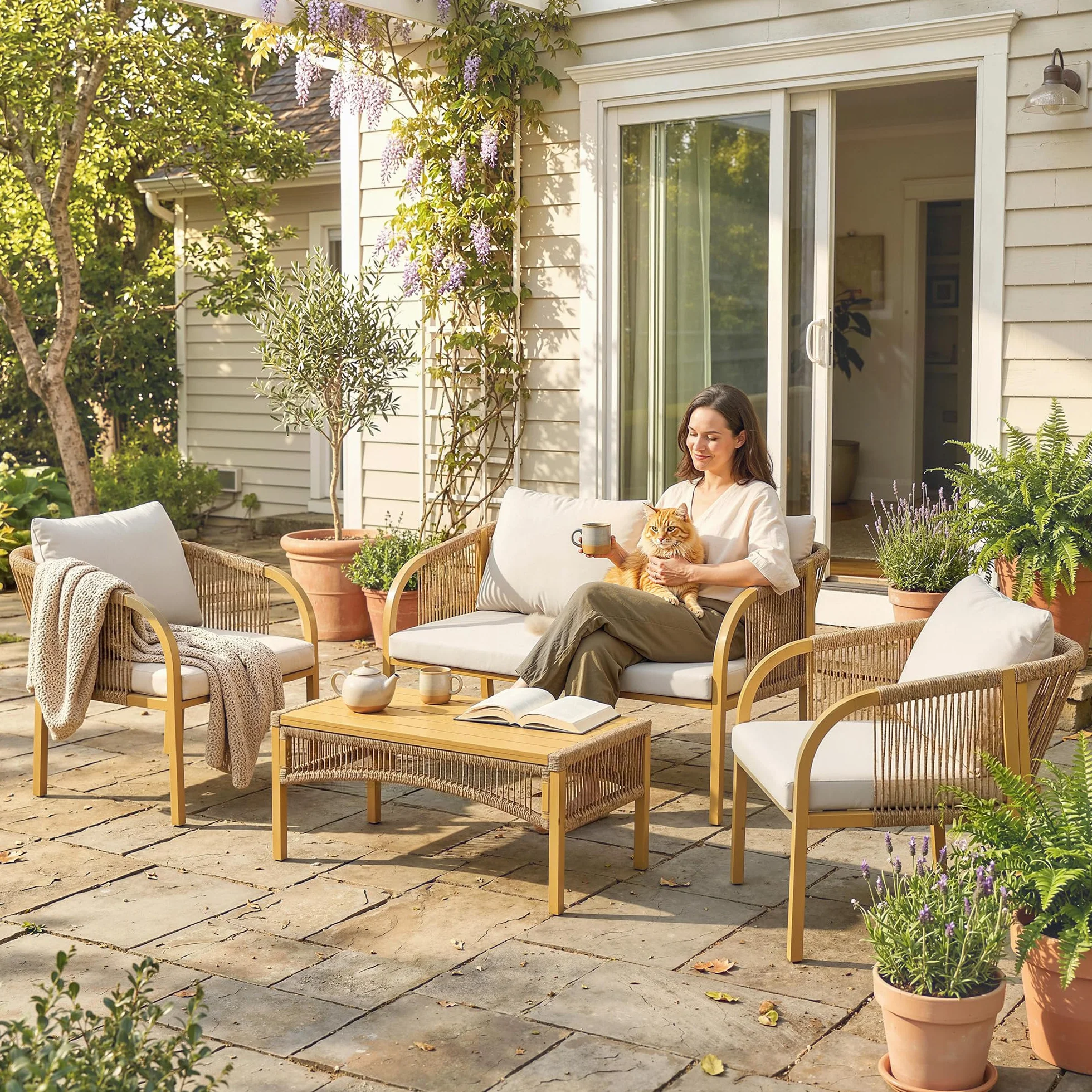 Outsunny Salon de Jardin Extérieur Résine Tressée 4 Pièces Canapé 2 Places Fauteuils Table Basse Coussins Déhoussables Plateau Acier Kaki