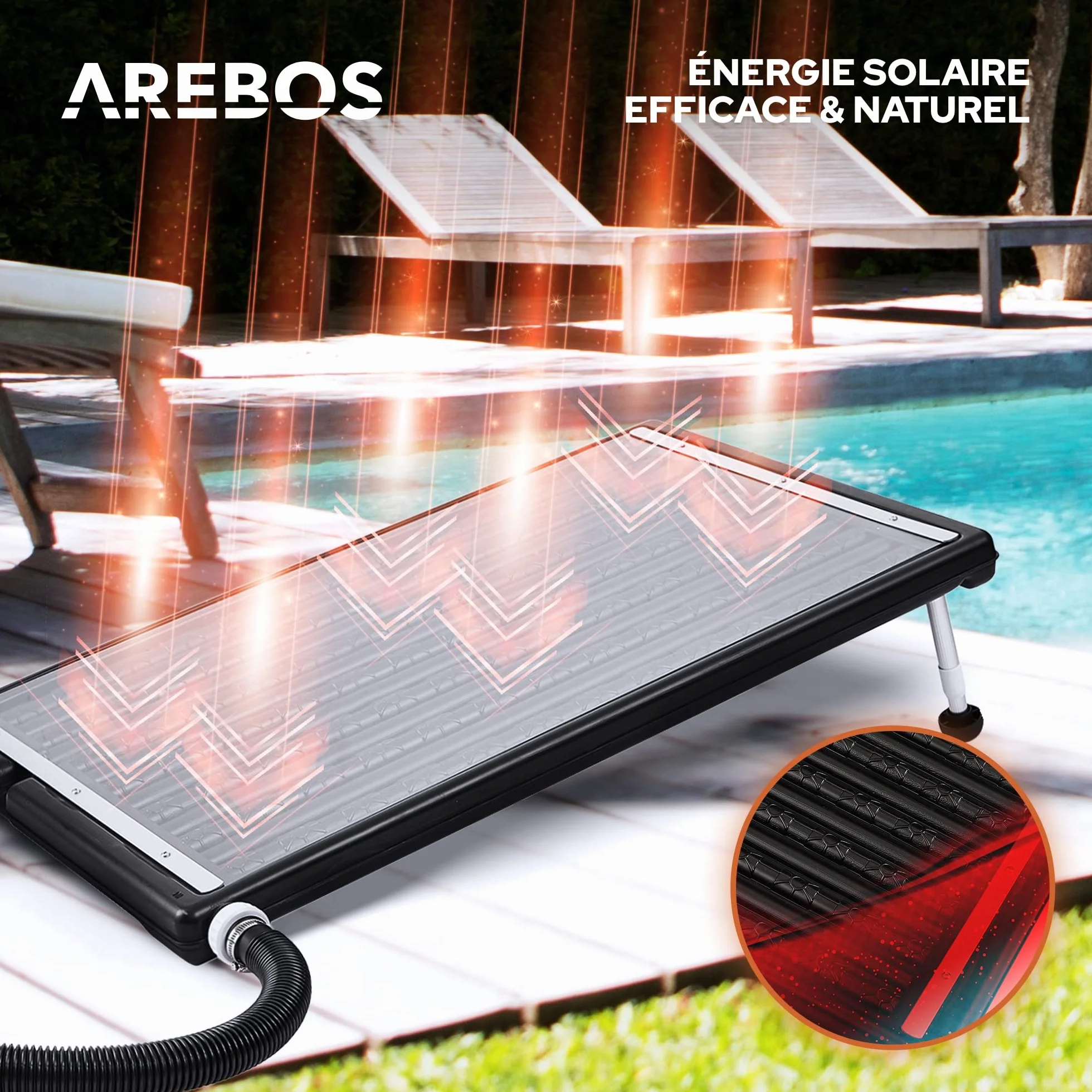 AREBOS Chauffe-Piscine Solaire 110x65x7.5 cm Chauffage Piscine 15L Débit 10000 L/h Raccord 32/38 mm