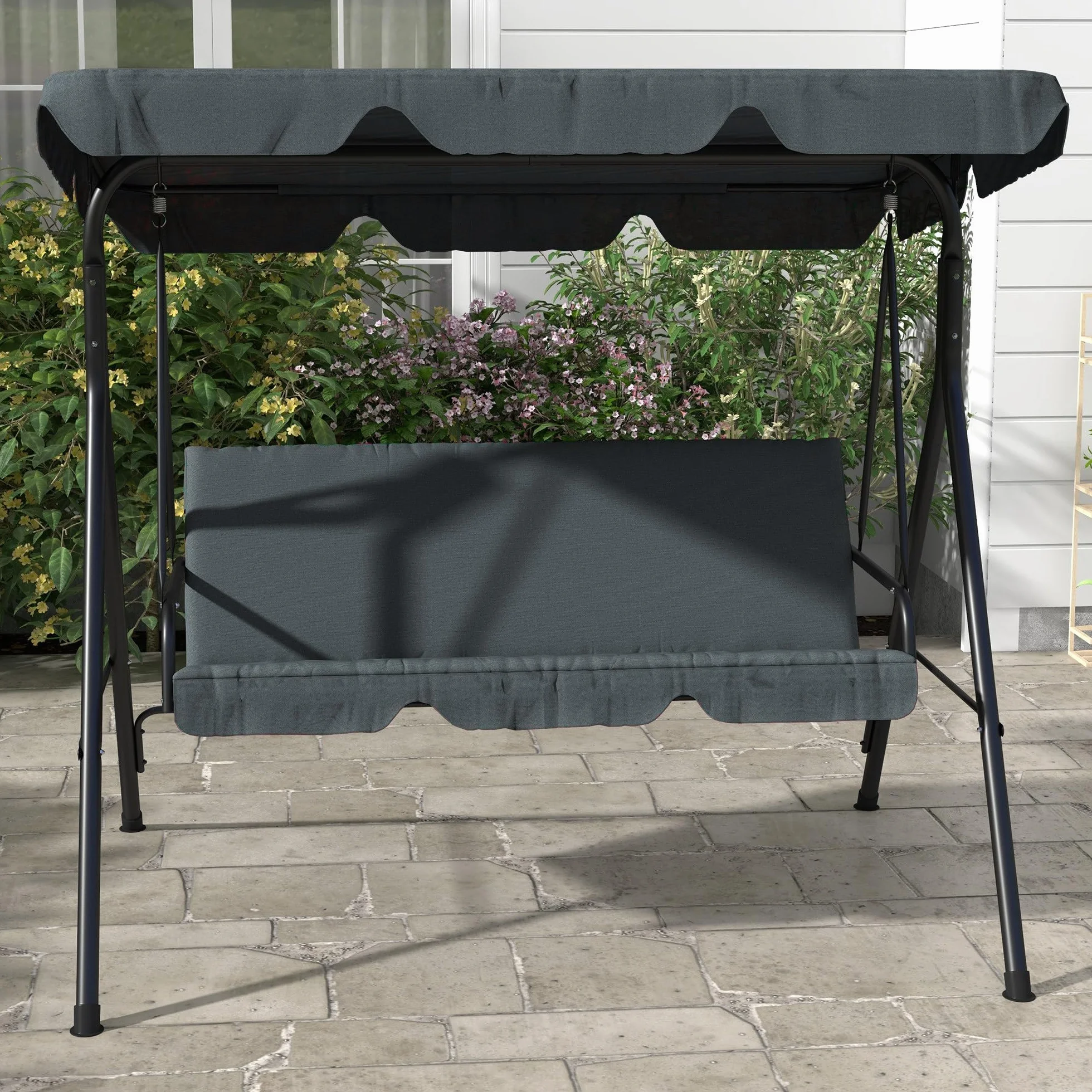 Outsunny Balancelle de Jardin 3 Places Toit Inclinable Coussins Acier Noir 1,72L x 1,1l x 1,53H m