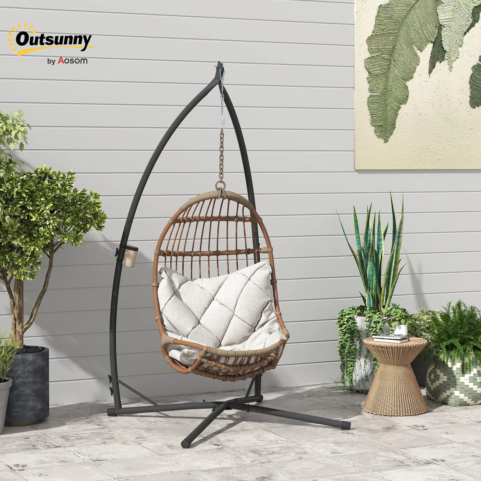 Outsunny Support pour chaise suspendue œufs 215 cm acier Base stable porte-gobelet Balançoire patio jardin balcon charge 150 kg noir