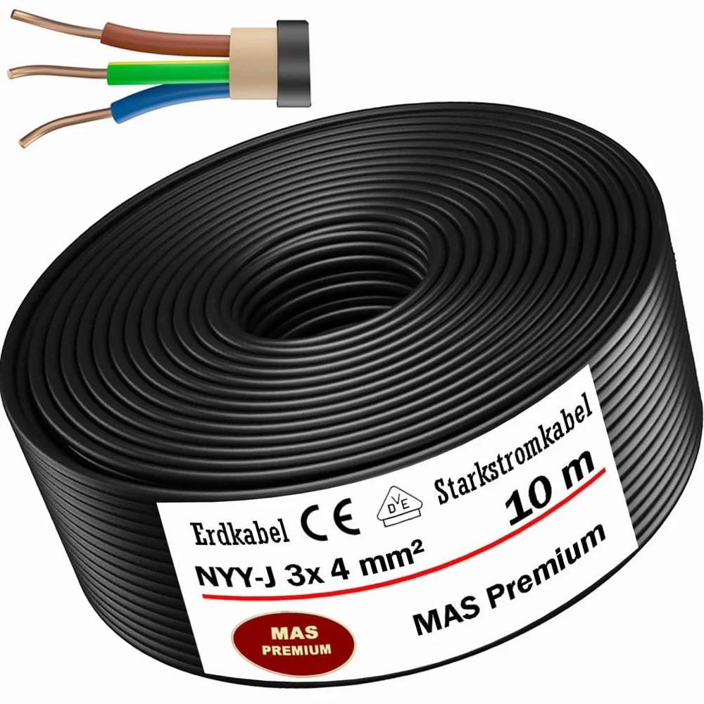 MAS Premium Câble souterrain NYY-J 3 x 1,5, 2,5, 4, 6, 10, 16 ou 5 x 1,5, 2,5, 4, 6, 10, 16, avec anneau pour pose en plein air (NYY-J 3 x 4 mm², 10 m) 5-170 m