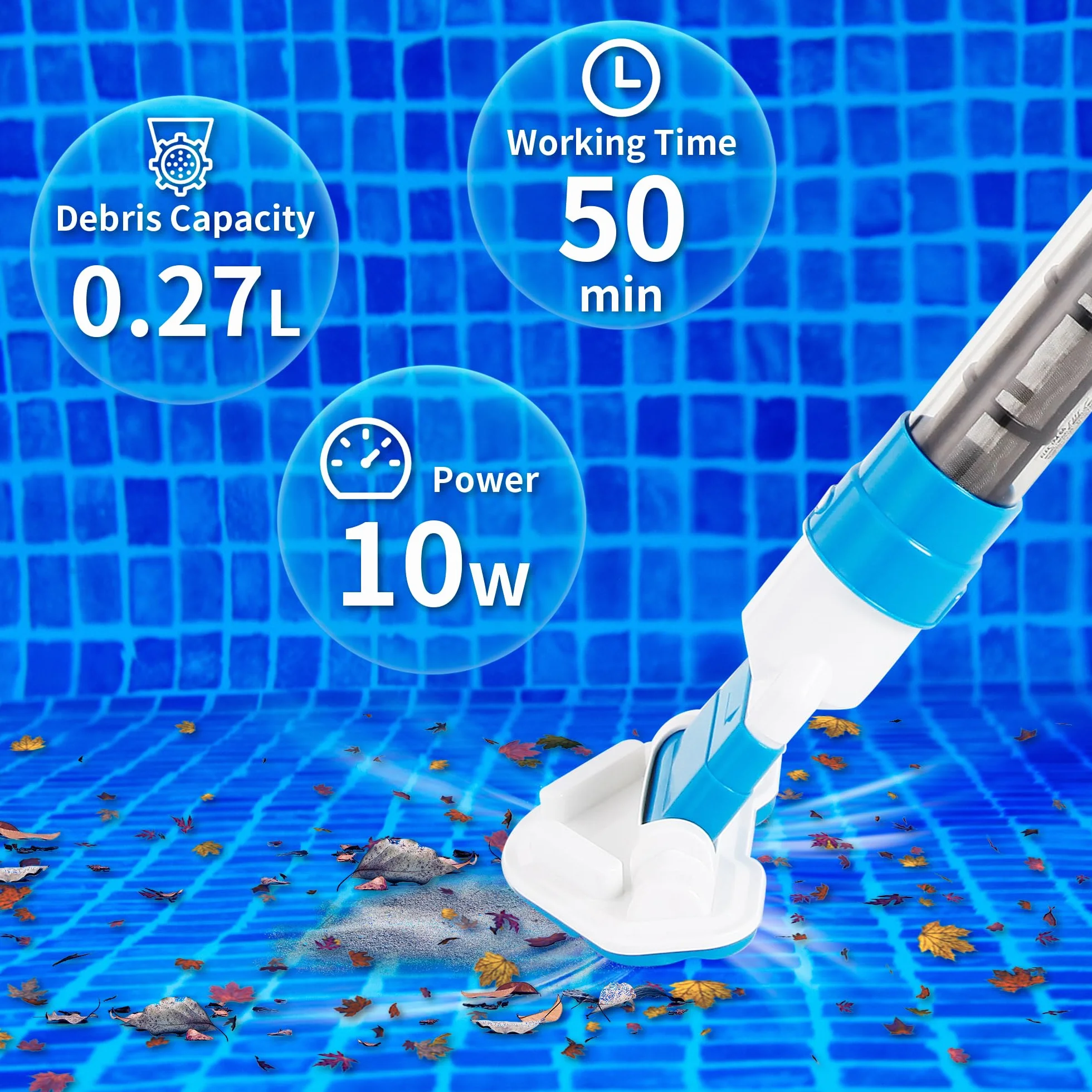 Aspirateur de piscine portable rechargeable sans fil avec poteaux télescopiques, aspiration puissante, têtes de brosse pour piscine hors sol