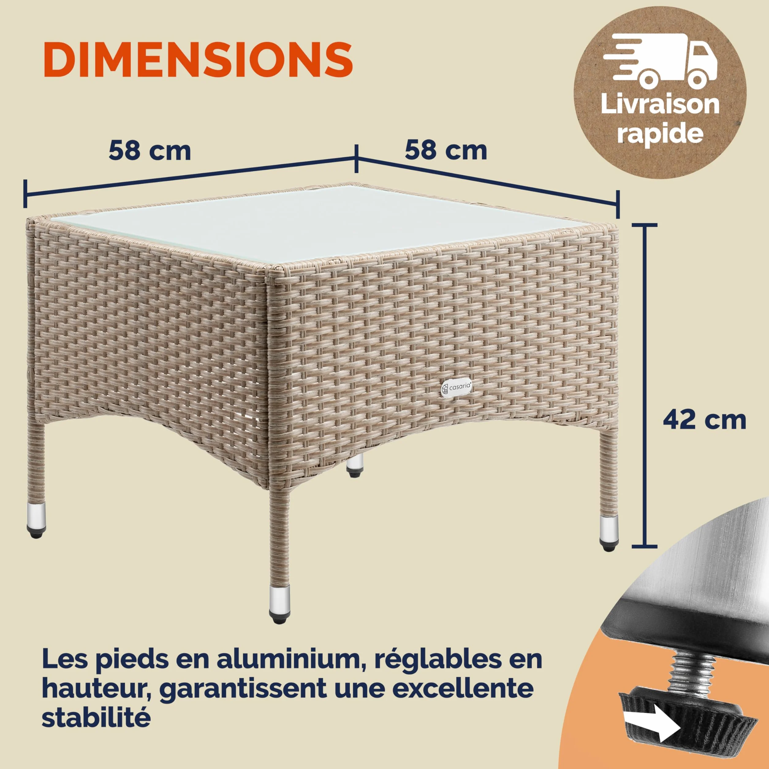 Casaria Table d'appoint en polyrotin crème 58x58x42cm Table Basse de Jardin carrée avec Plaque en Verre