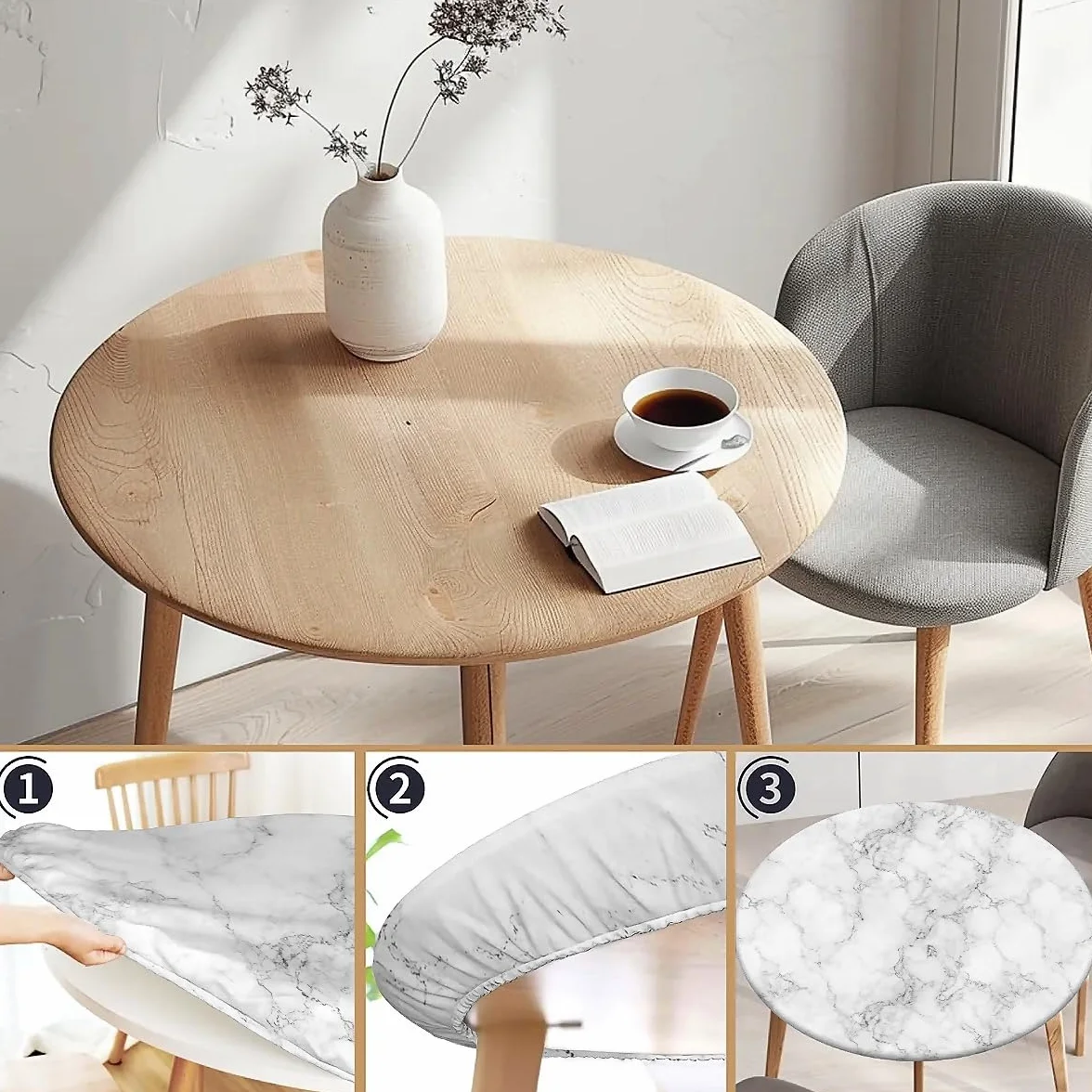 Nappe Ronde d'extérieur 90 cm (36 Pouces) imperméable extensible avec Bande élastique - Marbre Blanc