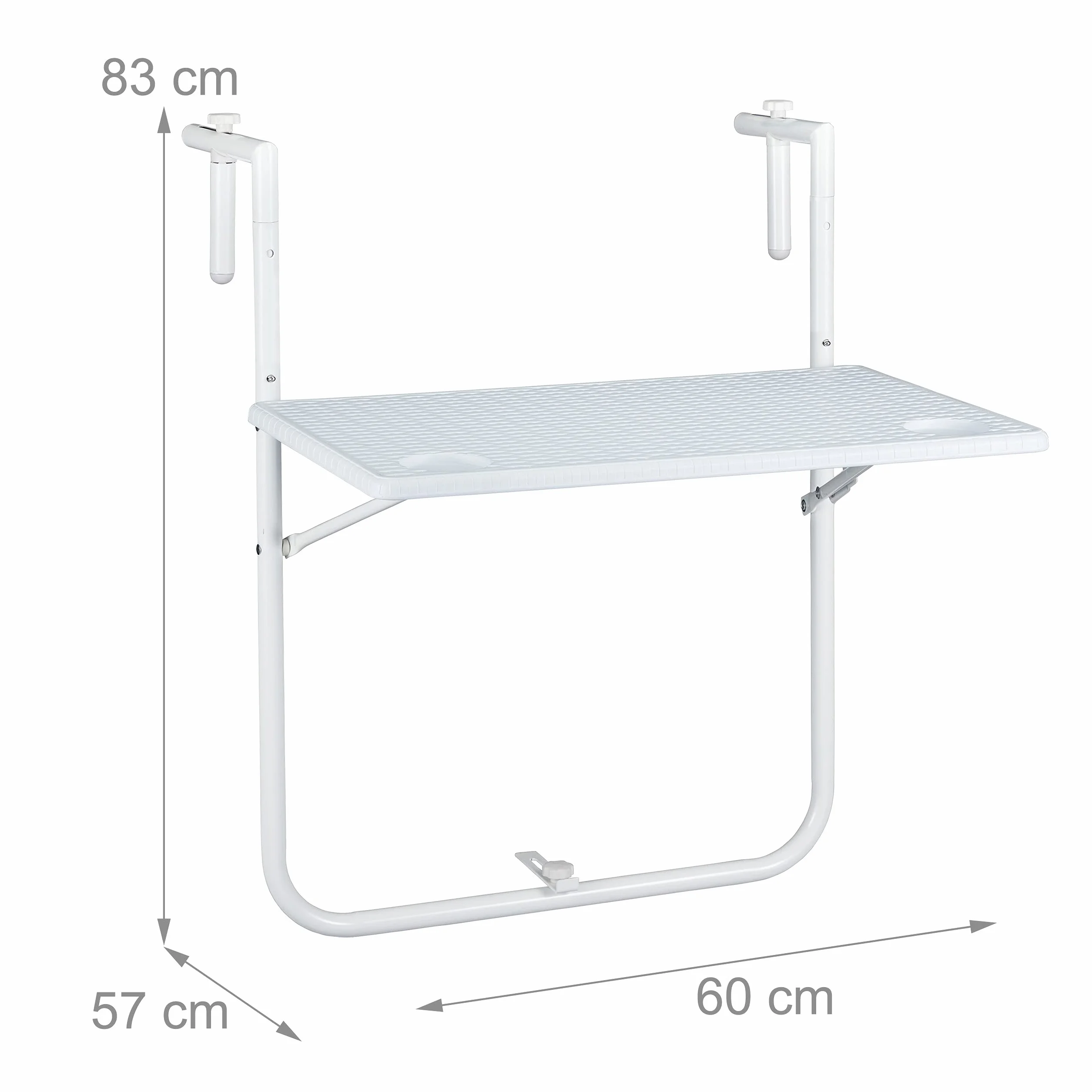 Relaxdays Table Balcon Suspendue Rabattable réglable Hauteur 3 Niveaux Rotin 59,5 x 36 cm Blanc