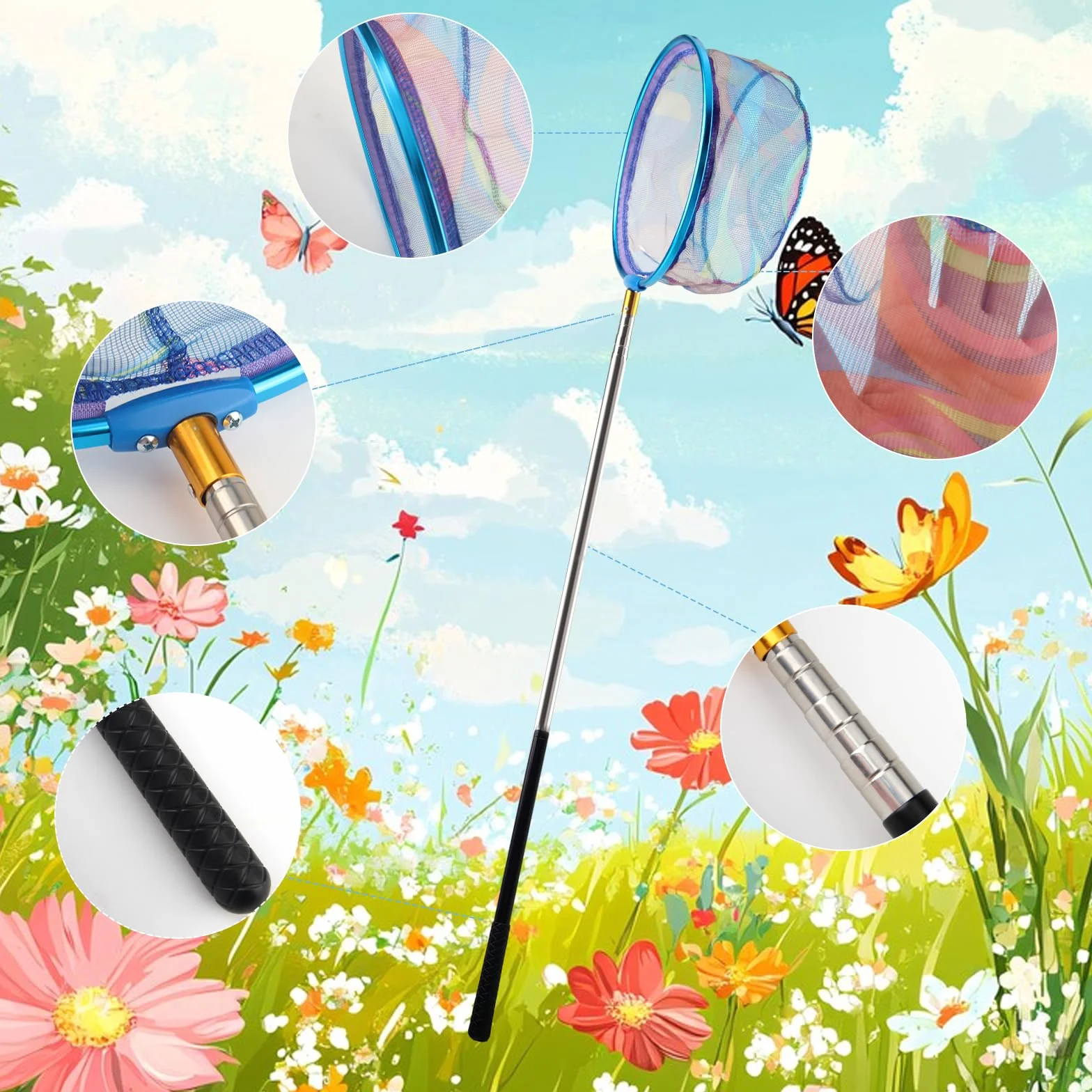 Épuisette Pêche Acier Inoxydable Filet Papillon Rétractable 66-173cm avec Seau Pliant