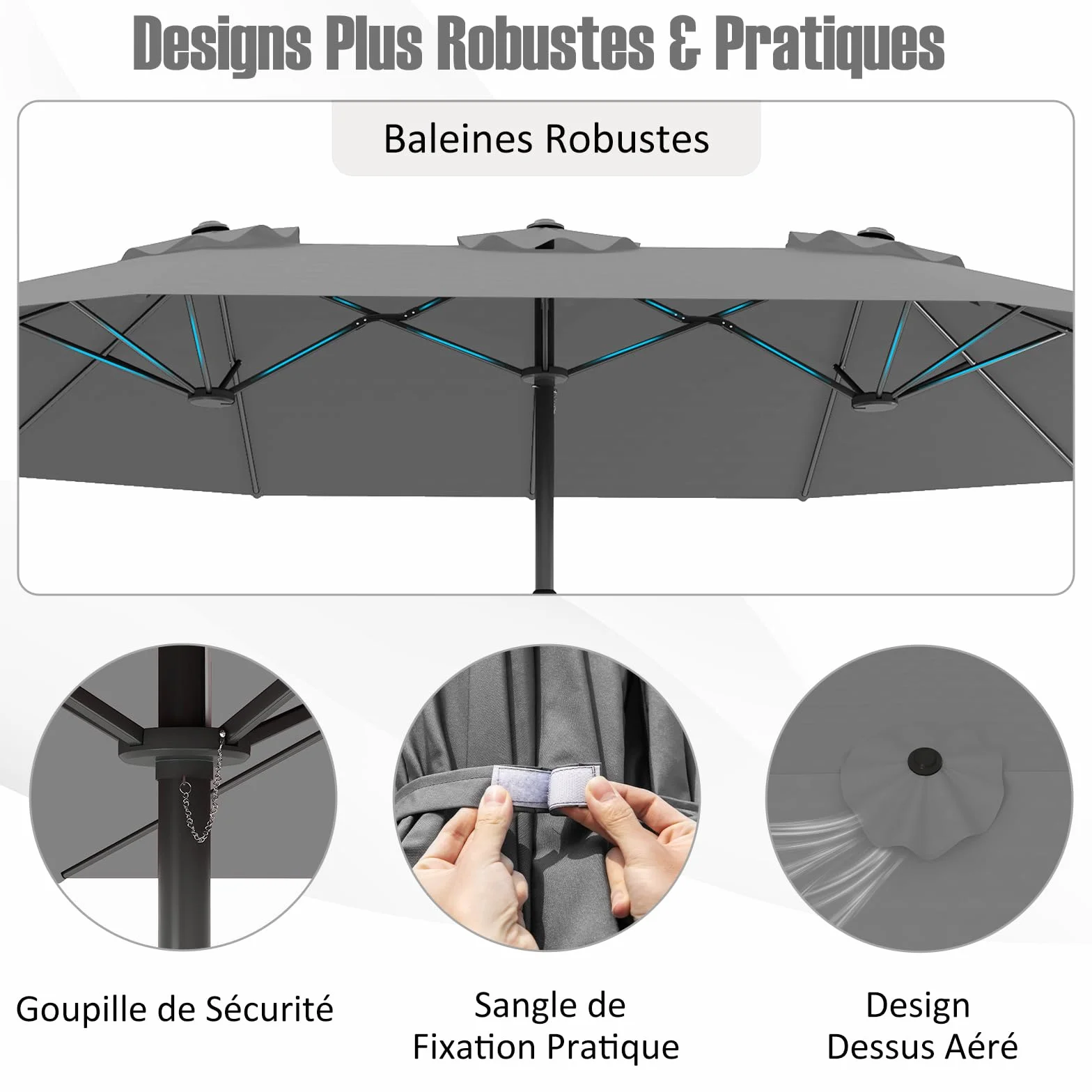 Parasol Double RELAX4LIFE 4,7M avec Pied, Manivelle, 12 Baleines, Base Croix, Protection Solaire Jardin Terrasse Gris