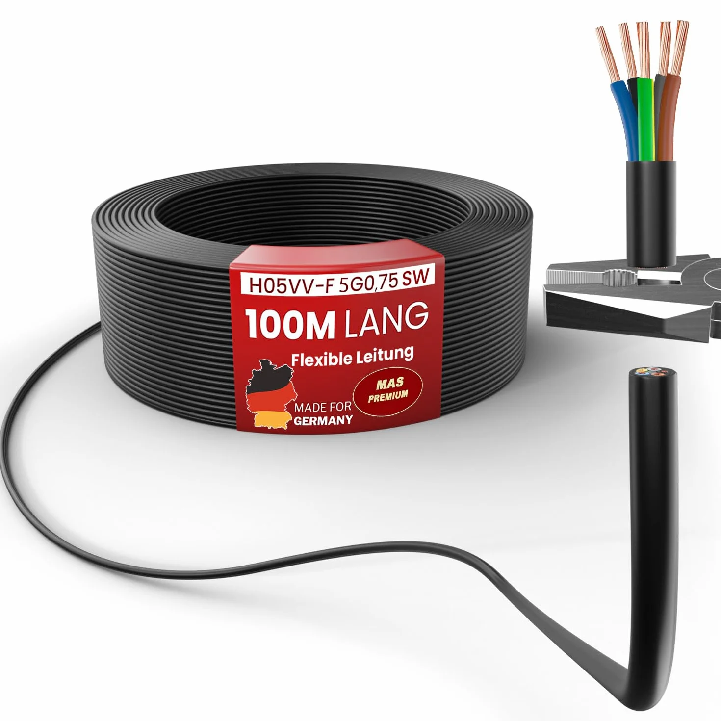 MAS Premium De 5 à 100m Câble en plastique souple H05VV-F 2, 3 ou 5 x0,75; x1; x1,5 ou x2,5 et 4G0,75 Câble flexible (H05VV-F 5G0,75 SW, 100m)