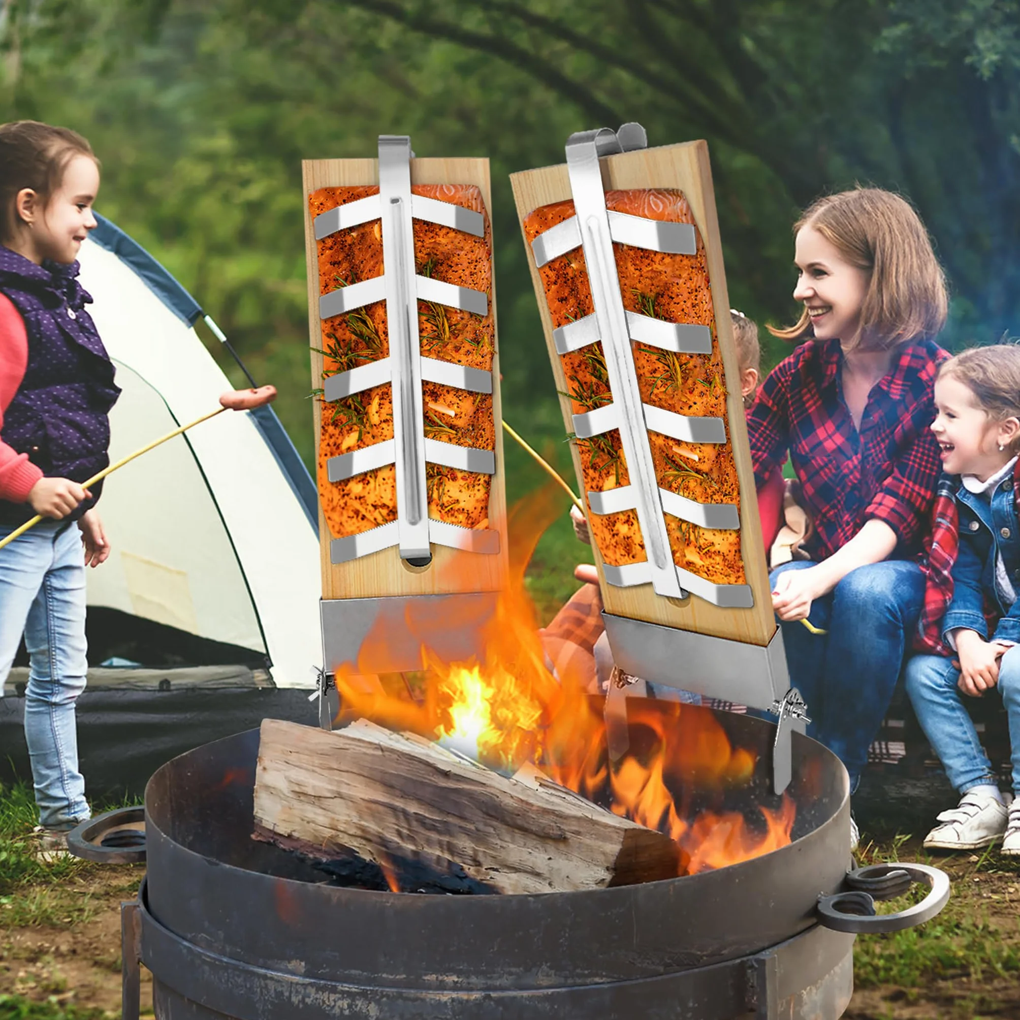 Lot de 4 planches à saumon avec support en acier inoxydable - Accessoire de barbecue pour poisson