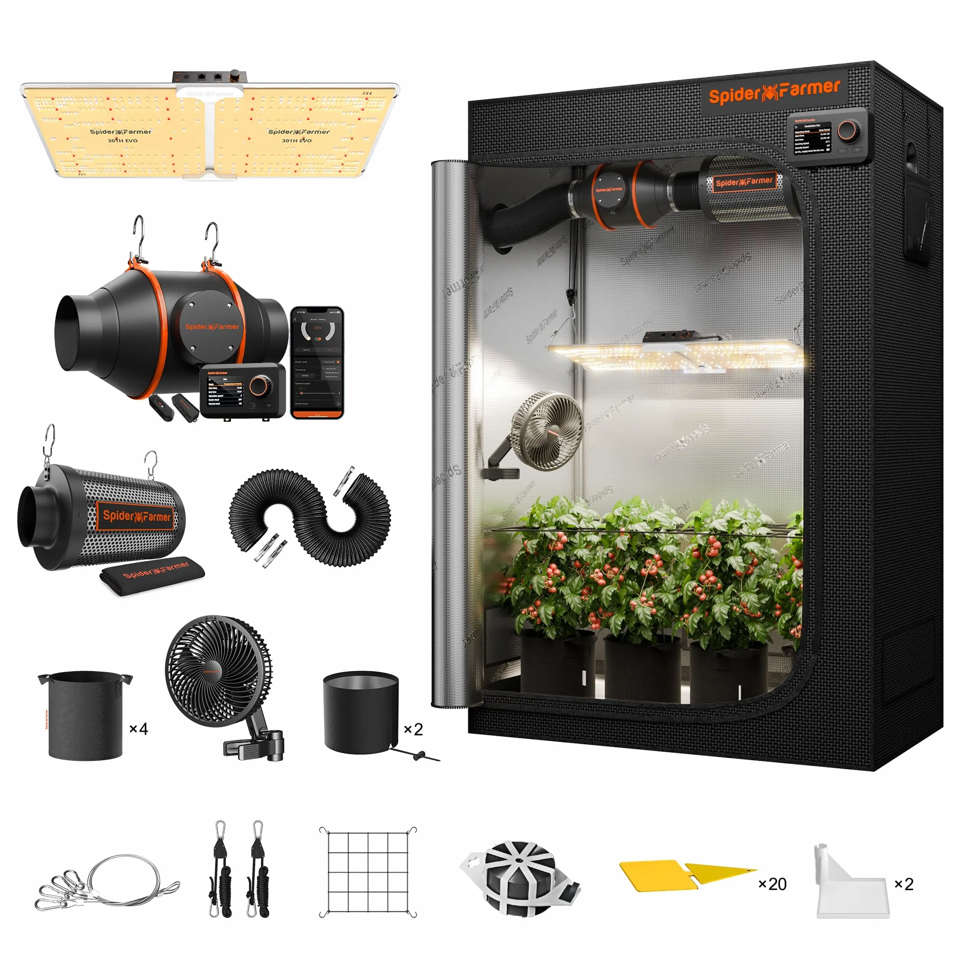 Spider Farmer SF2000 Growbox Complet Lampe LED Spectre Complet Samsung LM301B 60x120x180cm Hydroponique 1680D Grow Tent
