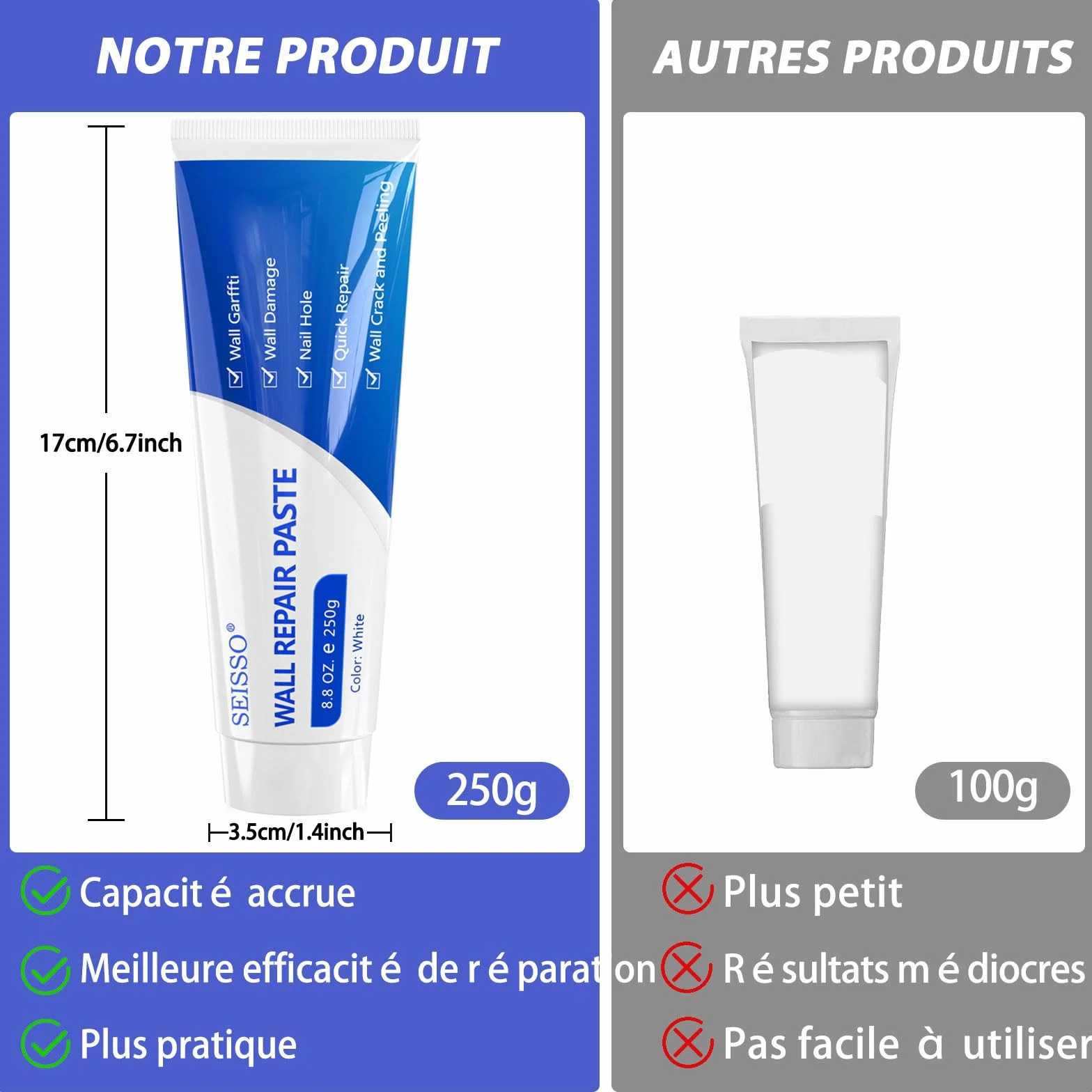 SEISSO 500g Crème de Réparation Murale,enduit de rebouchage,enduit de rebouchage prêt à l'emploi,Répare Efficacement les Rayures, Trous, Fissures, Graffitis Sur les Murs