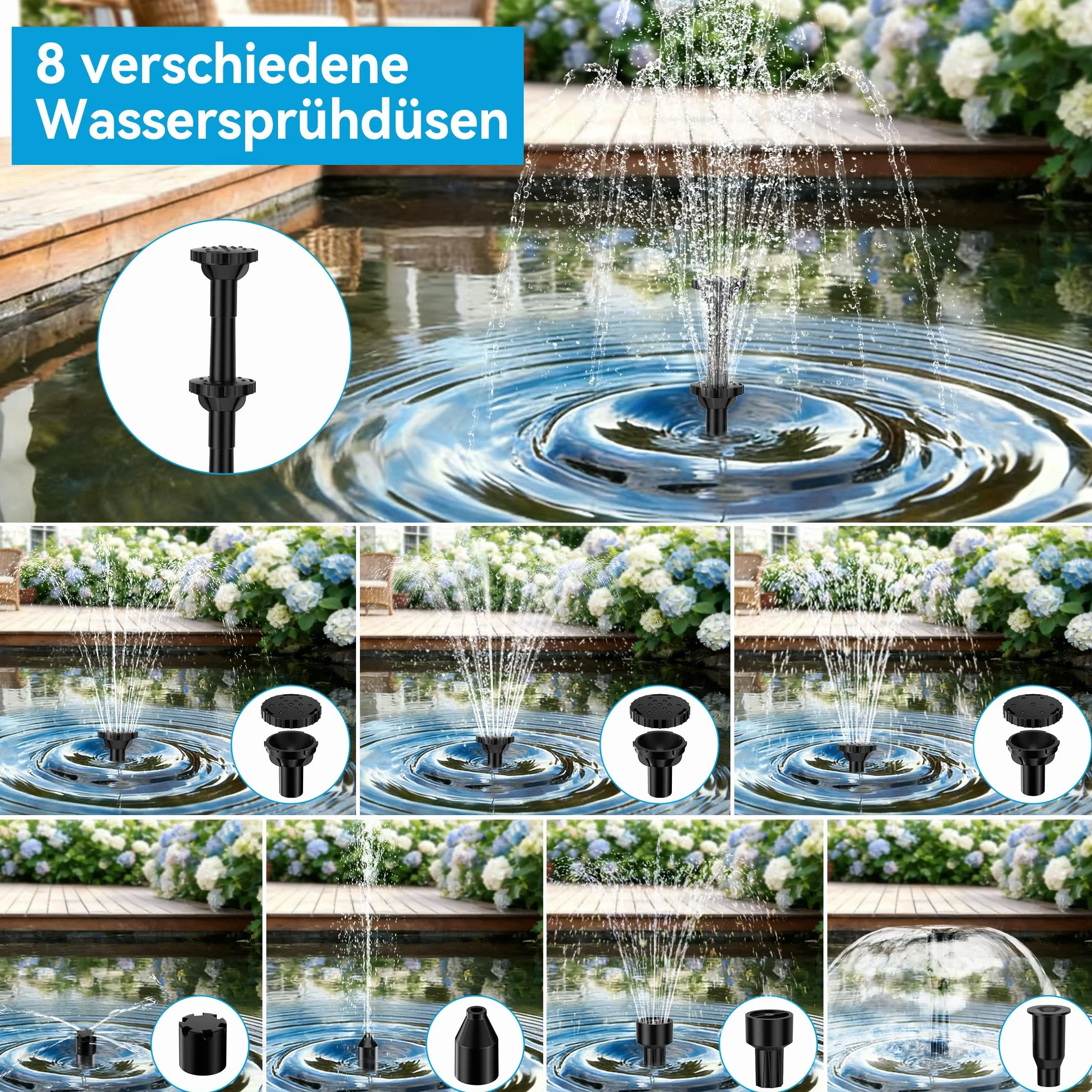 POPOSOAP Fontaine solaire d'extérieur 6,5 W 220 l/h batterie intégrée 3000 mAh