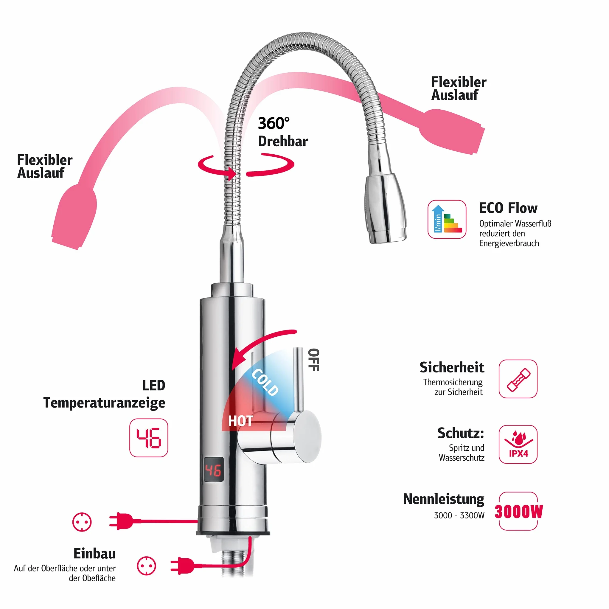 HOGART Robinet Électrique Chauffage Instantané 230 V 2 embouts