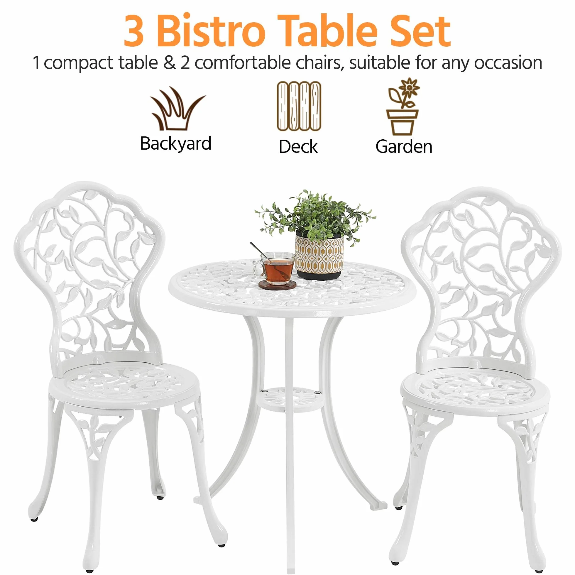 Yaheetech Ensemble de Bistrot en Métal 3 Pièces Design Vintage Feuillage Table et 2 Chaises Blanc