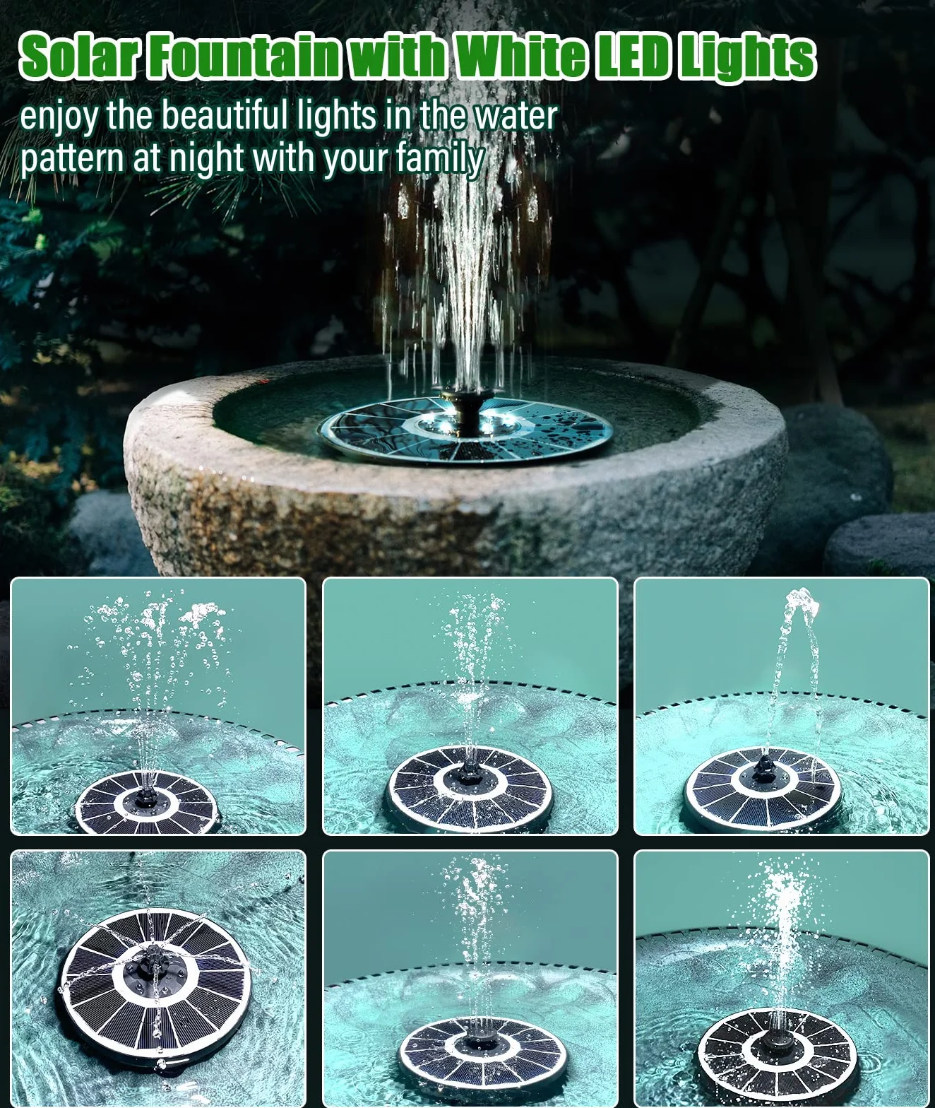 Fontaine Solaire Extérieure 3.5W Pompe Bassin avec 8 Buses LEDs 2200mAh Batterie pour Bain d'oiseaux Jardin