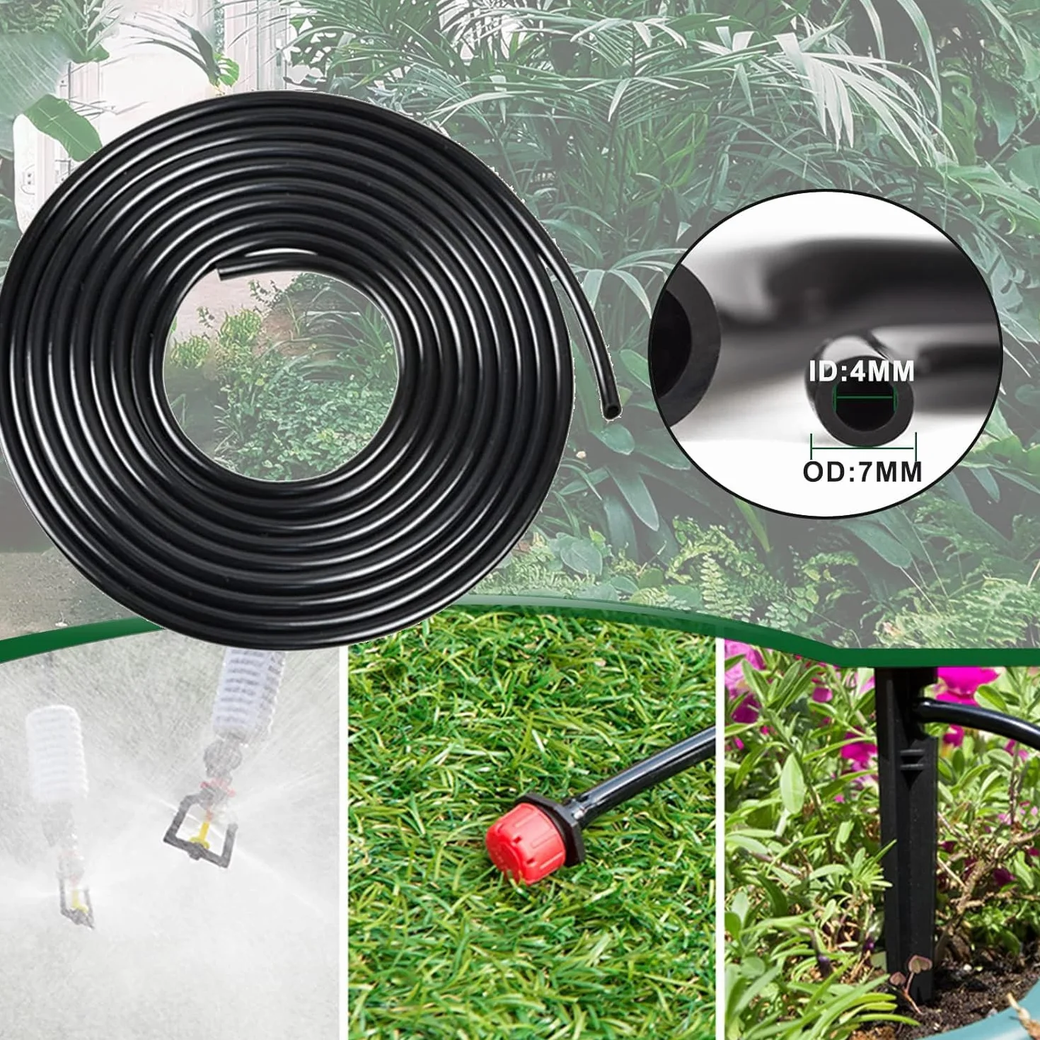 Tuyau d'irrigation Micro 10m, 1/4 pouce, I.D 4mm/O.D 6mm, noir pour jardin