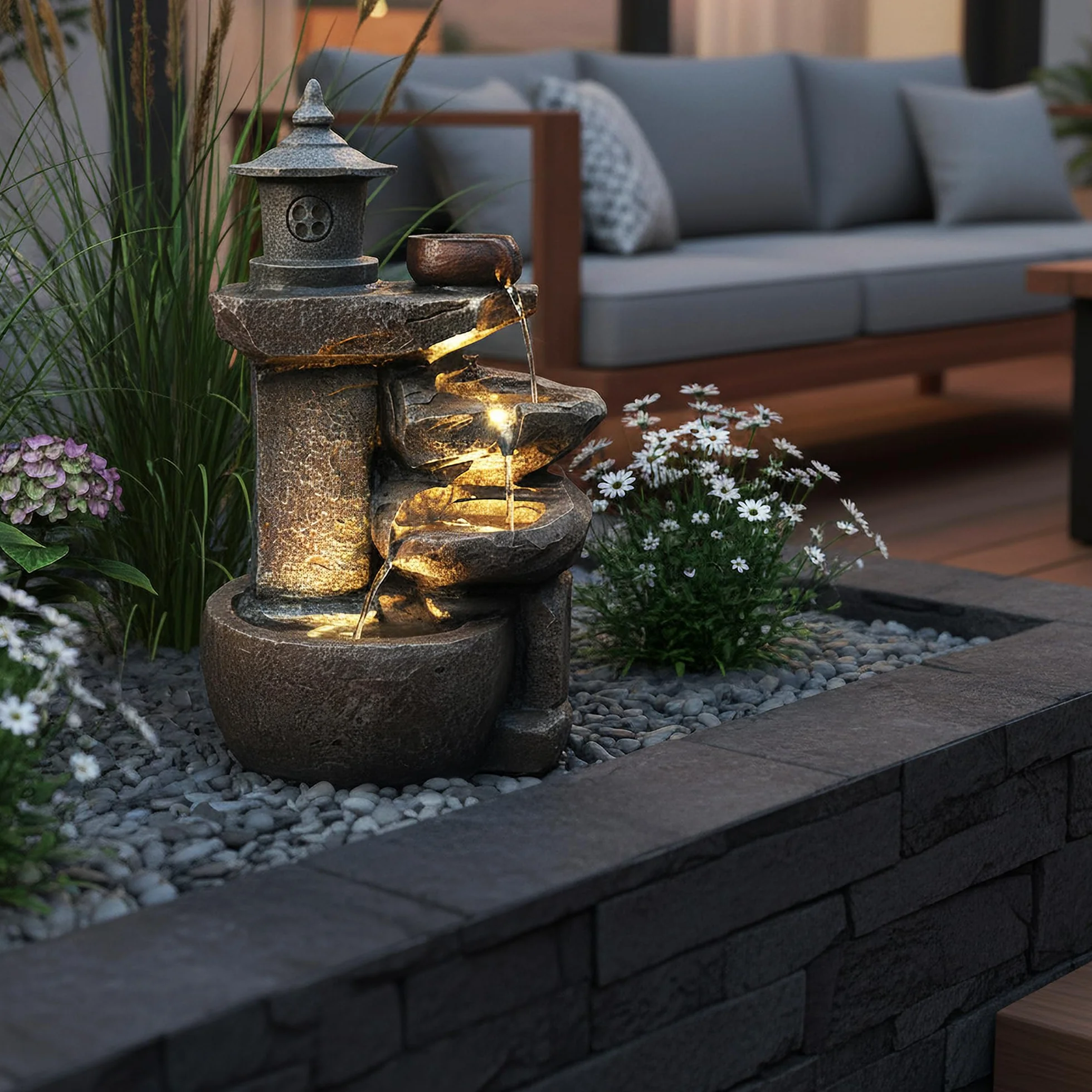 Arnusa BK851 Fontaine Cascade Avec Éclairage Marron Gris Décoration Jardin