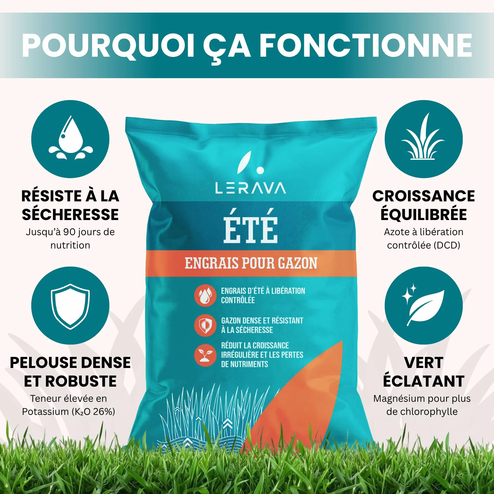 LERAVA® Engrais gazon été 70m² - anti mousse granulés riche en azote - Nutrition équilibrée pelouse verte dense
