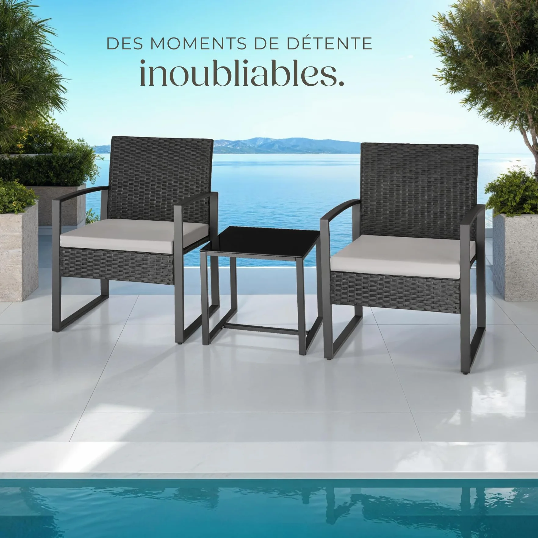 Tectake Ensemble Salon de Jardin Exterieur 2 Chaise Table Jardin Poly Rotin Acier Noir