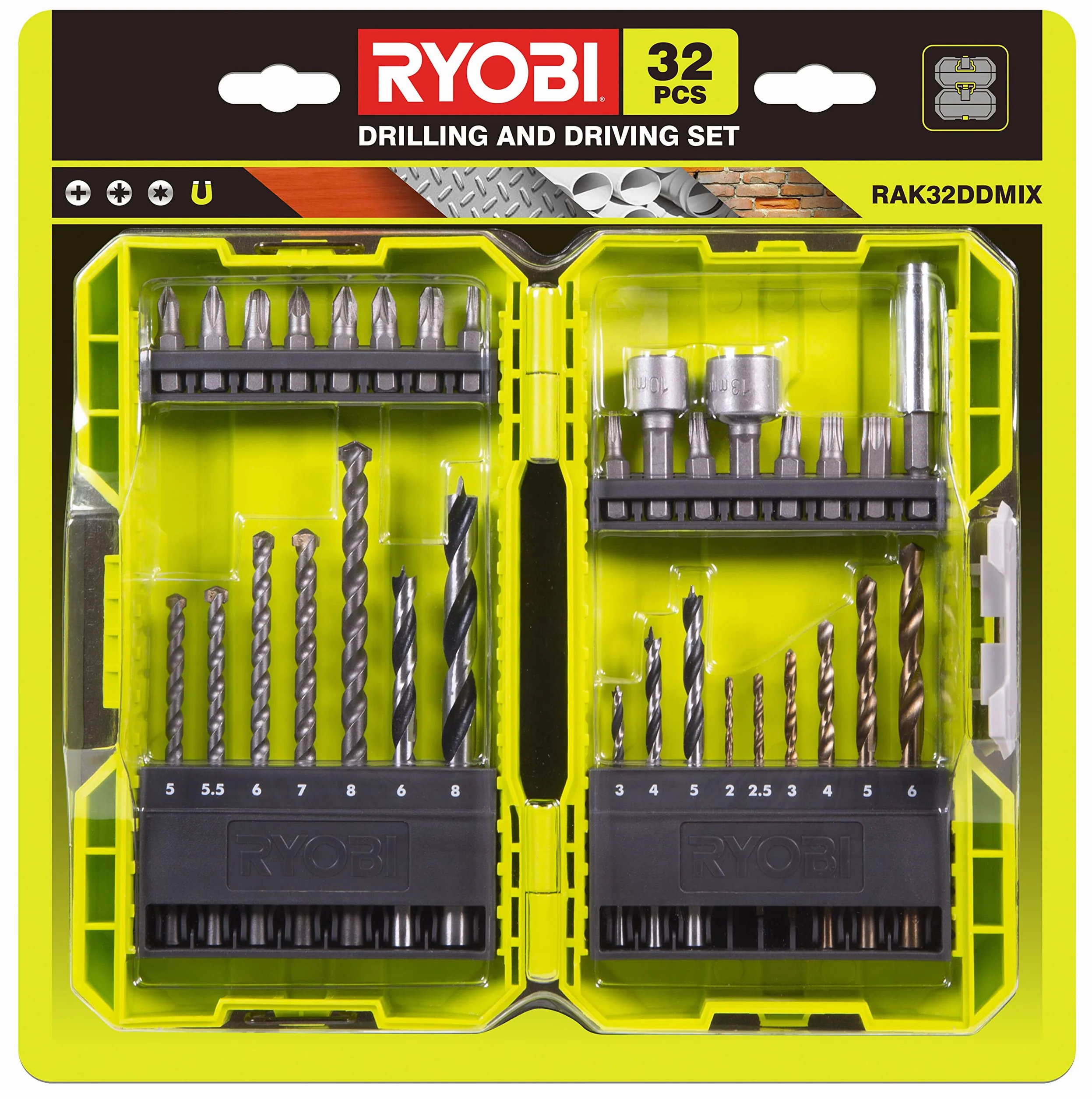 RYOBI Coffret Mixte Perçage & Vissage 32 Pièces Forets Bois Métal Béton Embouts Rangement Empilable RAK32DDMIX