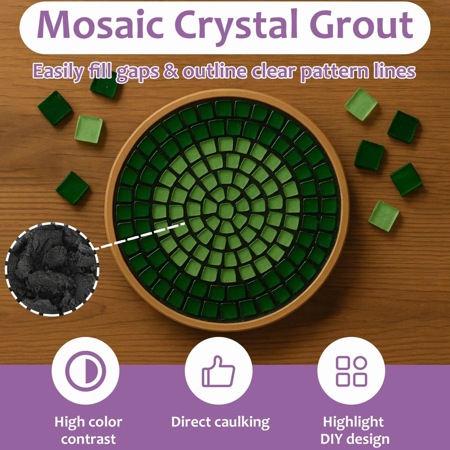 1DFAUL 200 g joint cristal mosaïque pour loisirs créatifs, outils pour mosaïque, contraste de couleur élevé, jointoiement direct, convient aux carreaux de aux projets de bricolage (noir)