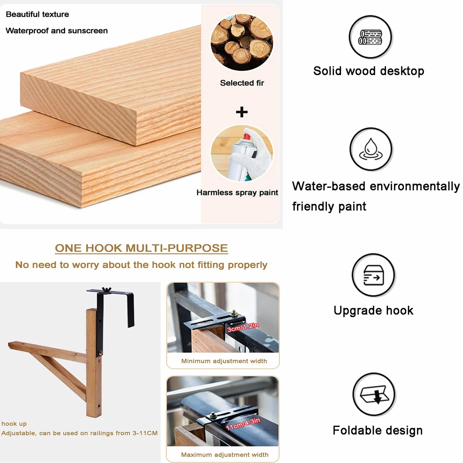 Table de Bar de Balcon pour Balustrade Pliable Résistante aux Intempéries 120x20cm