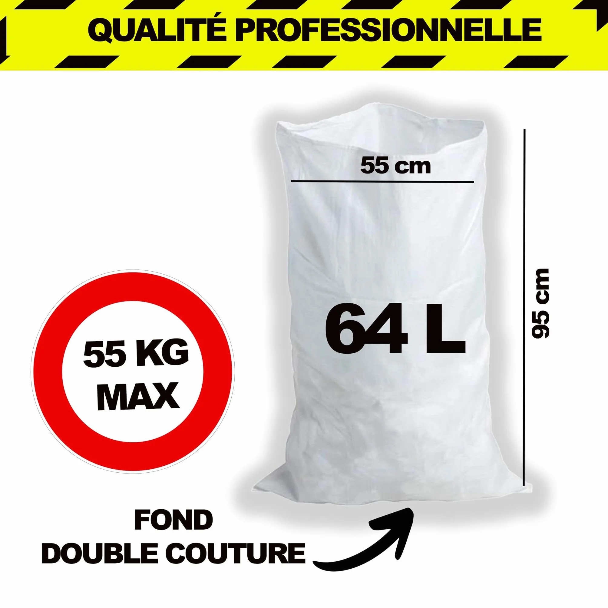 Sacs à Gravats 55 x 95cm 55kg Polypropylène Tissé Blanc Réutilisable Jardinage Chantier