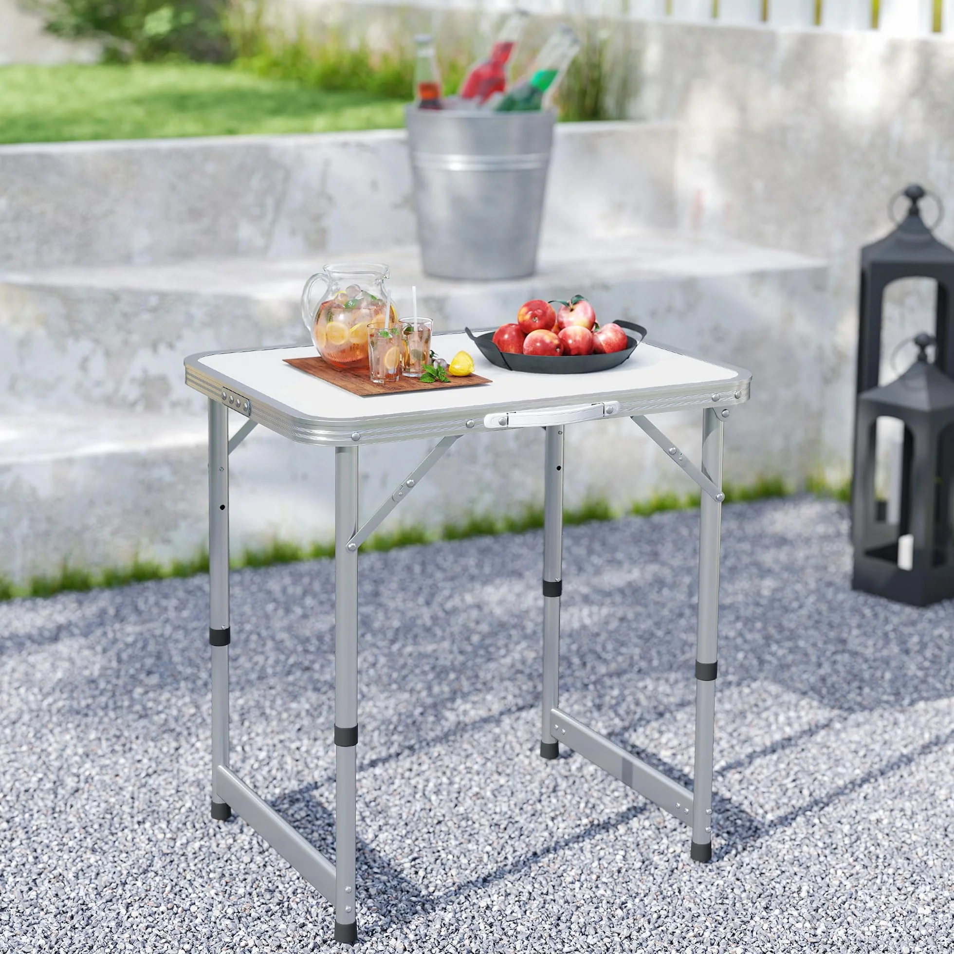 Outsunny Table Pliante de Camping Aluminium MDF Blanc Hauteur Réglable