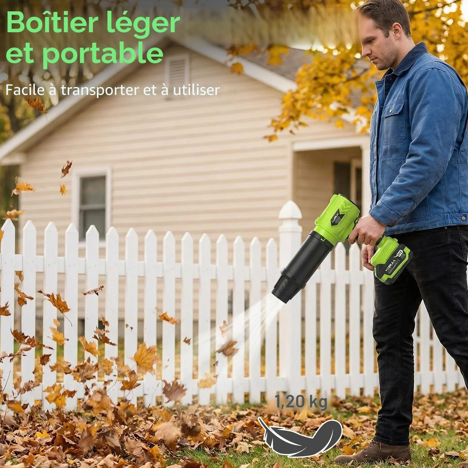 Souffleur à feuilles sans fil 21 V 4000 mAh avec 2 batteries et chargeur