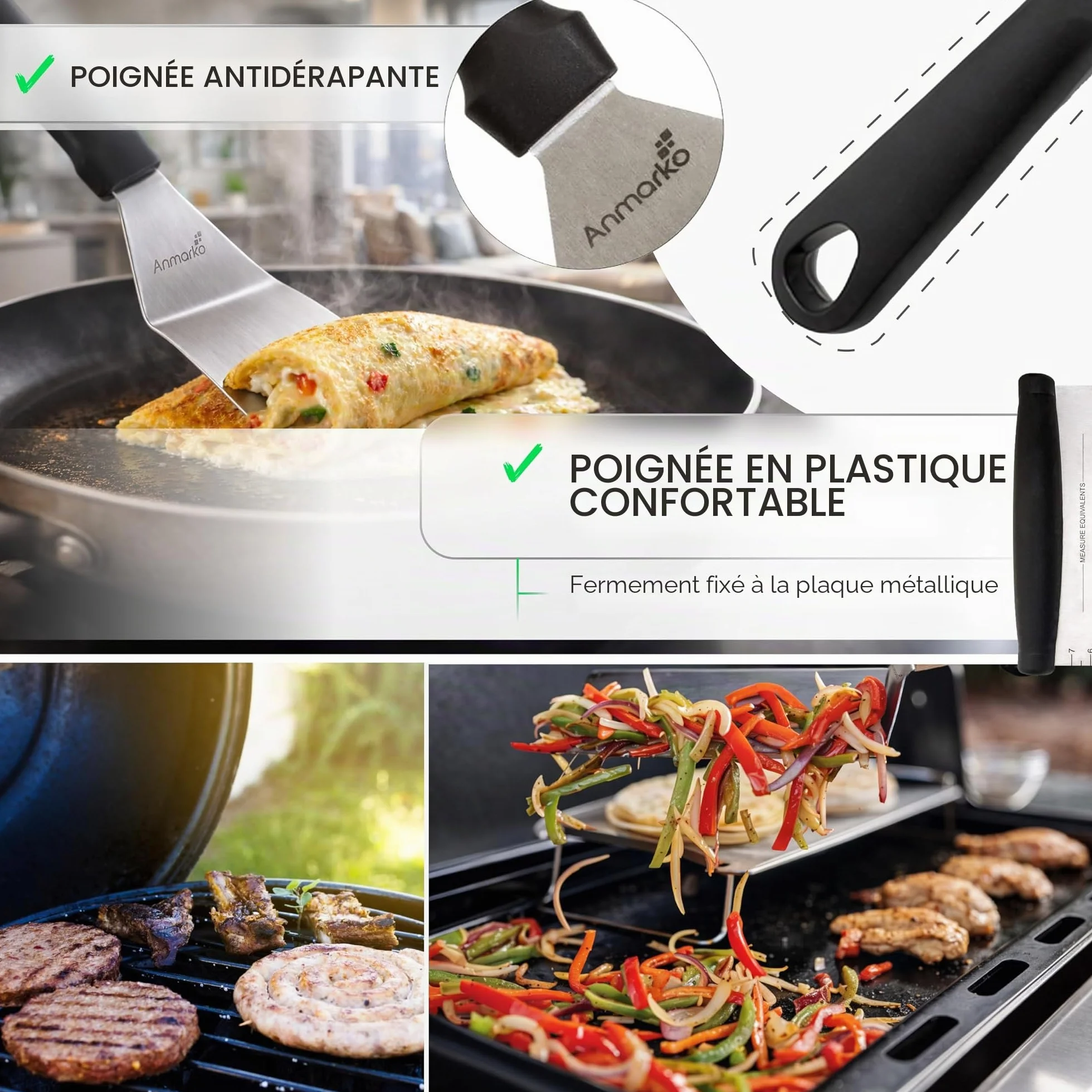 Anmarko Lot de Spatules en Acier Inoxydable pour Barbecue et Grill - Ustensiles en Métal pour Plaque en Fonte