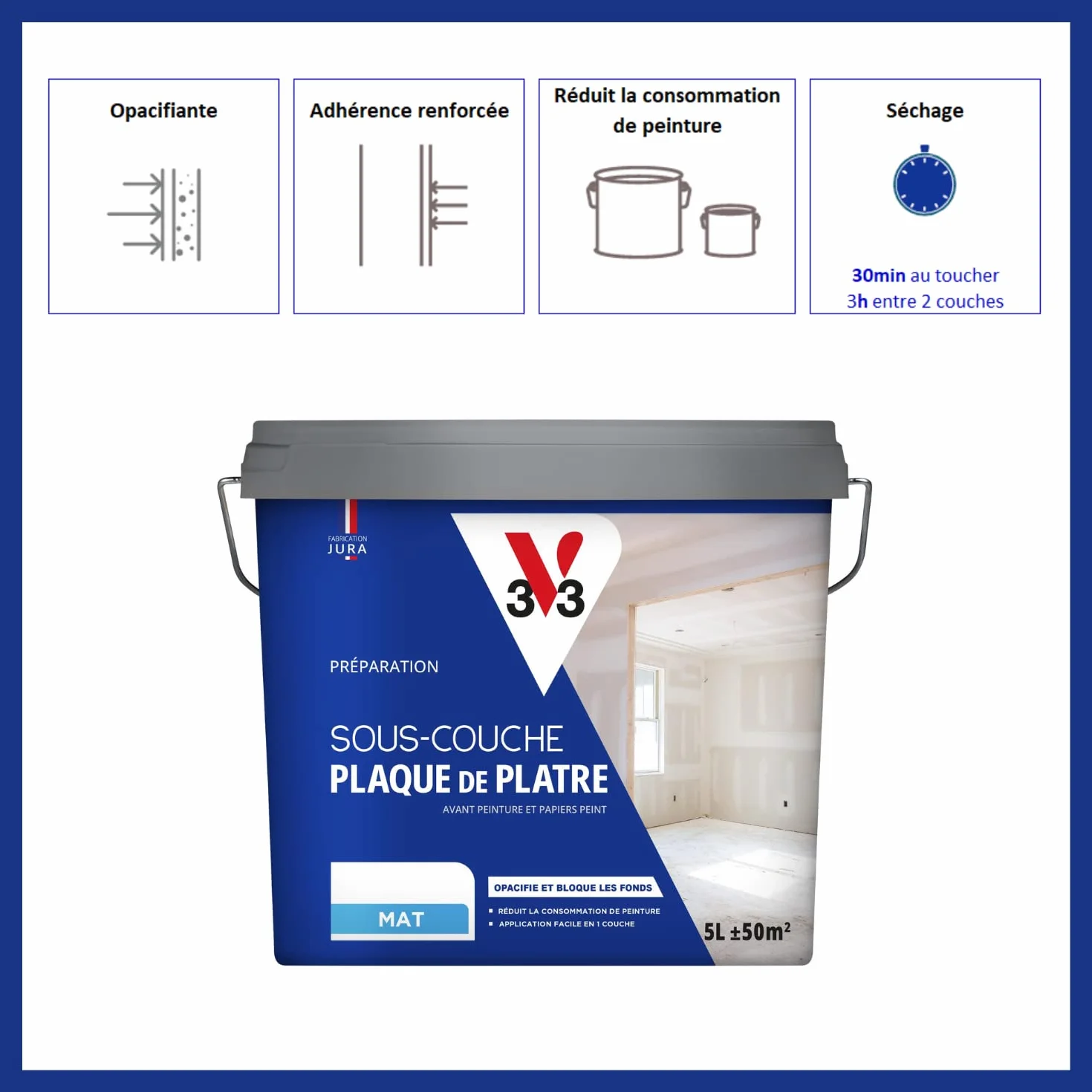 V33 SOUS-COUCHE PLAQUE DE PLATRE, Préparation avant peinture et papier peint, Blanc mat, 12L